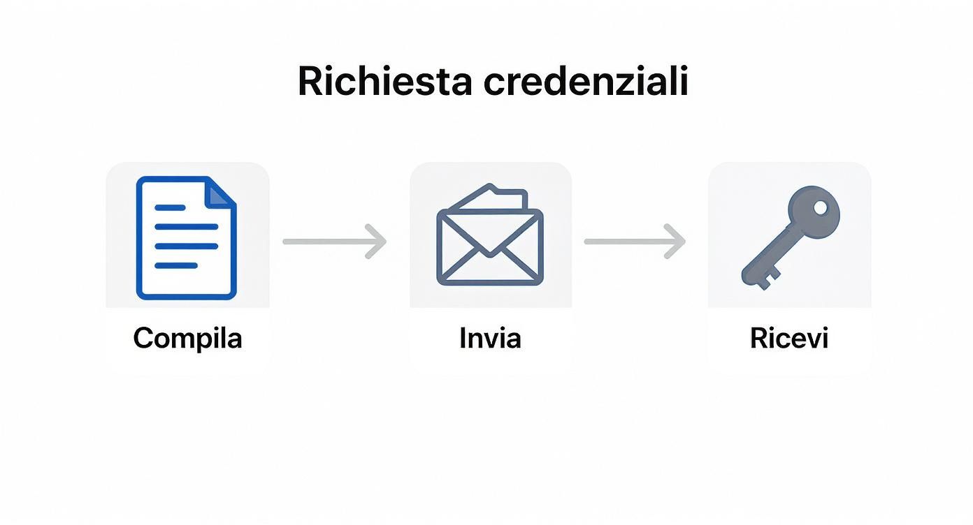 Diagramma di flusso che illustra i passaggi per la richiesta di credenziali: compilazione del modulo, invio tramite email e ricezione della chiave.