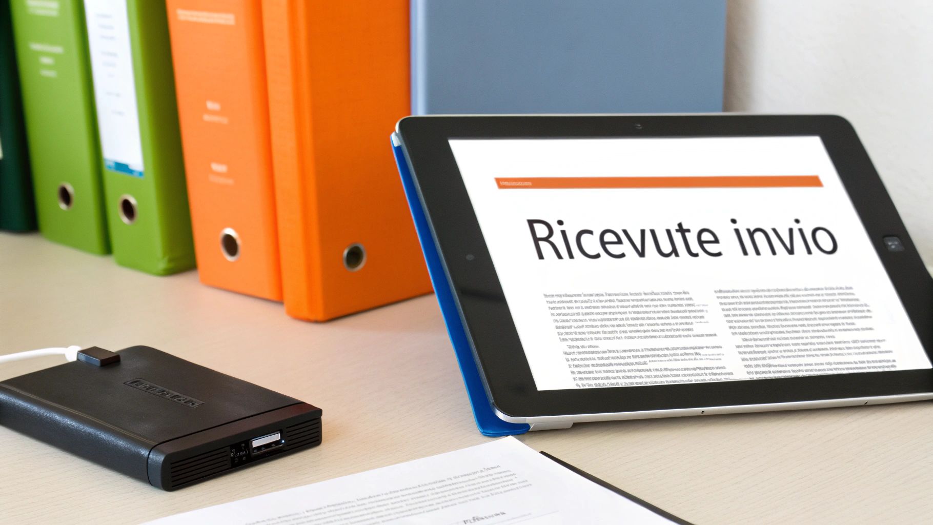 Ufficio con tablet che mostra 'Ricevute invio', hard disk esterno collegato e cartelle colorate sullo sfondo.