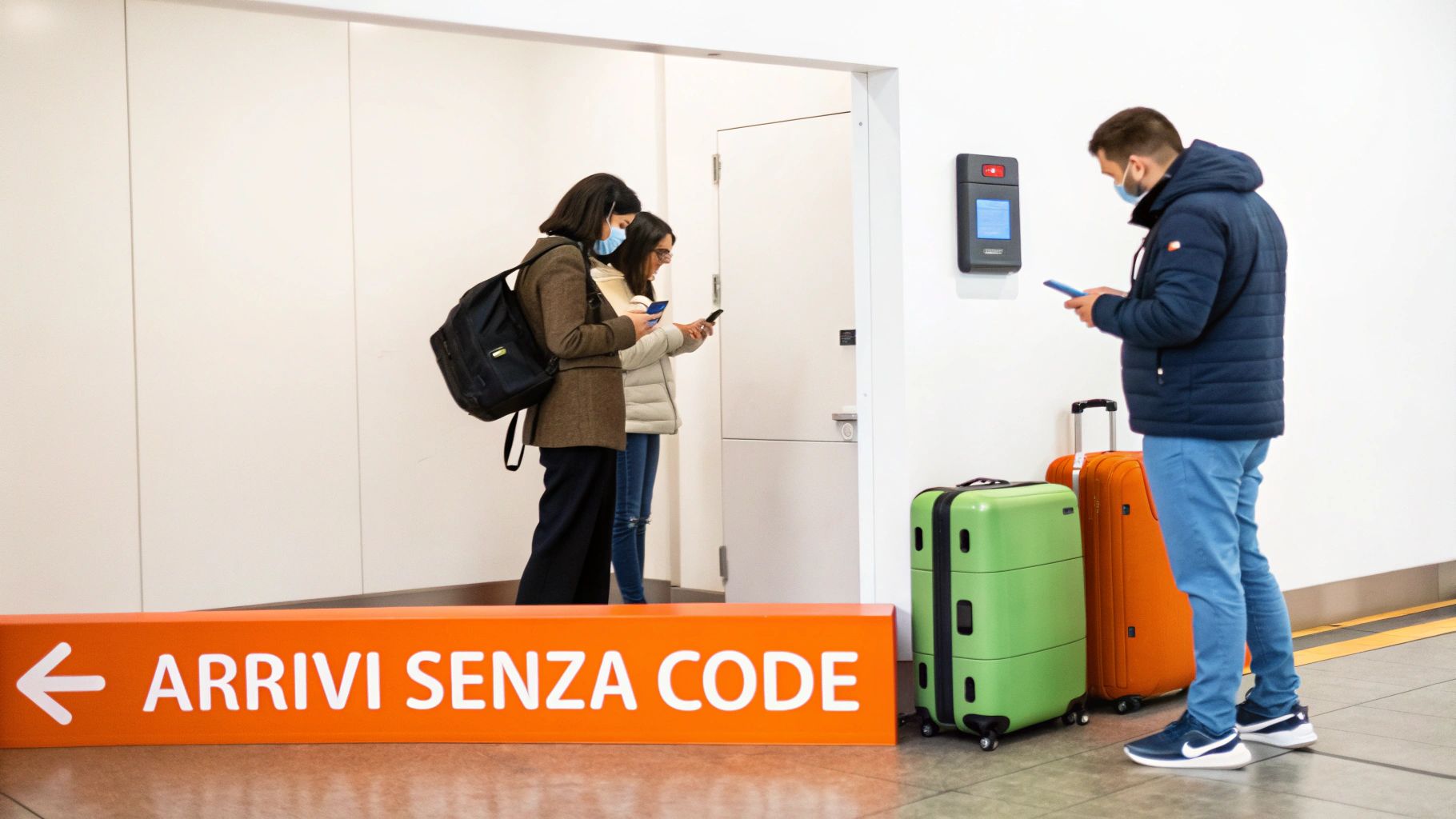 Viaggiatori con mascherine e bagagli utilizzano i loro telefoni vicino a un cartello "ARRIVI SENZA CODE" in un aeroporto.