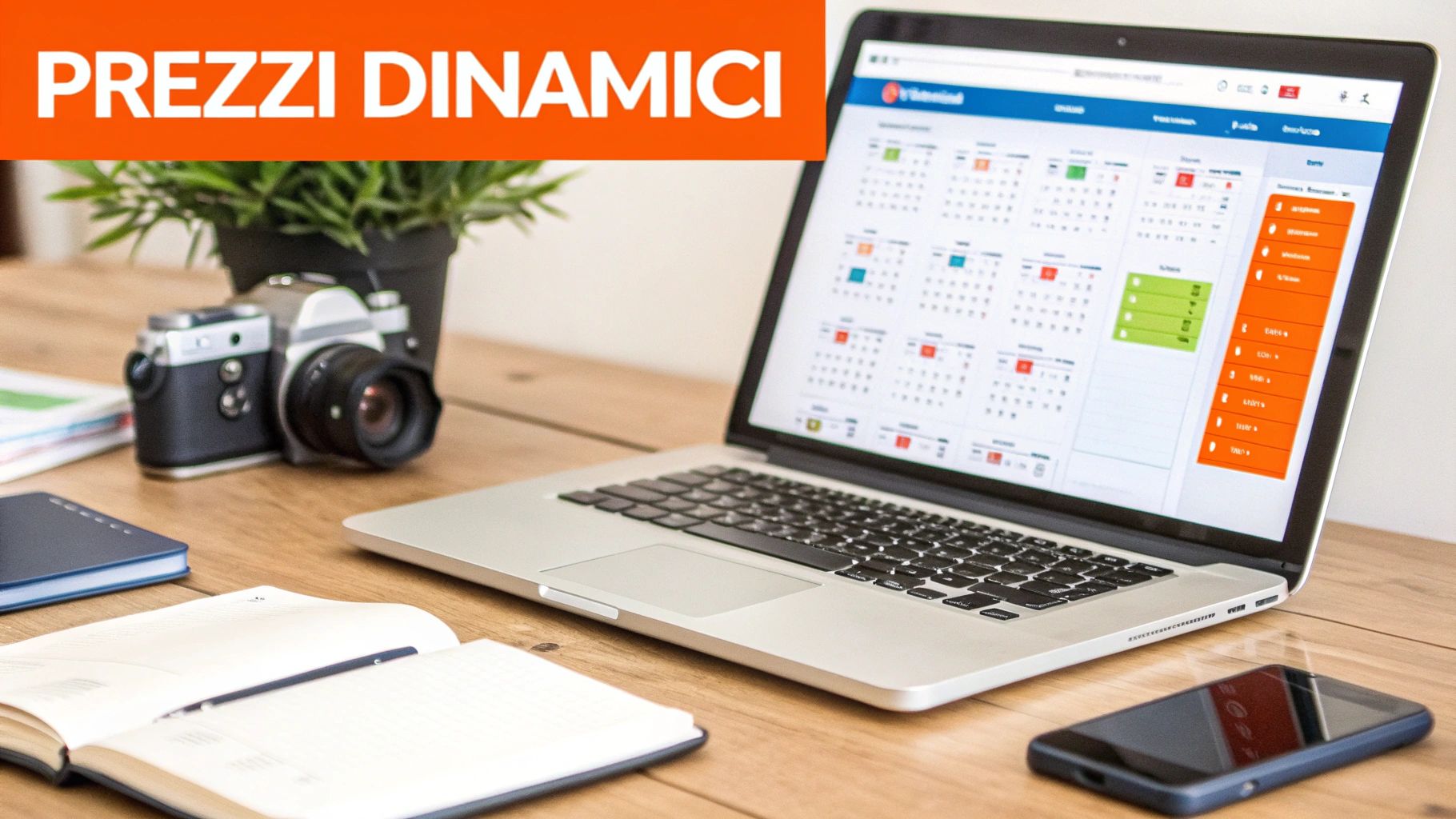 Scrivania in legno con laptop che mostra un calendario, una fotocamera vintage e quaderni. Banner: PREZZI DINAMICI.