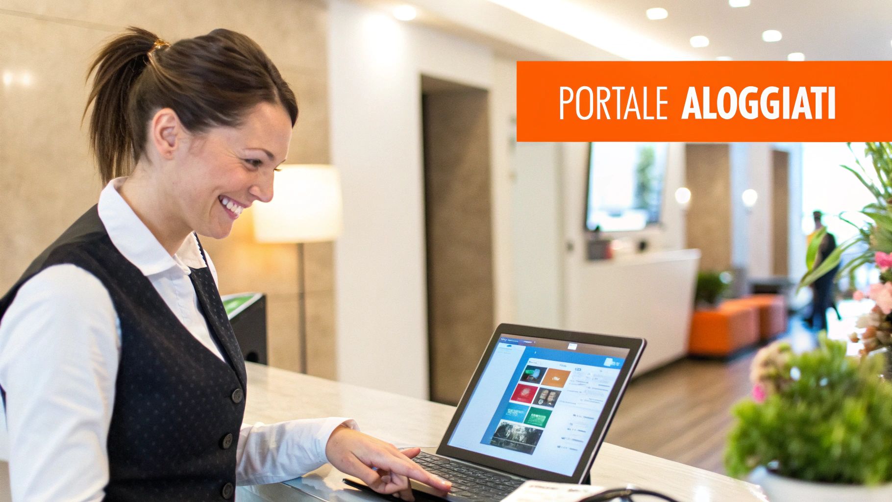 Una donna sorridente, probabilmente una receptionist, lavora al laptop presso una reception, con un banner che mostra "PORTALE ALLOGGIATI".