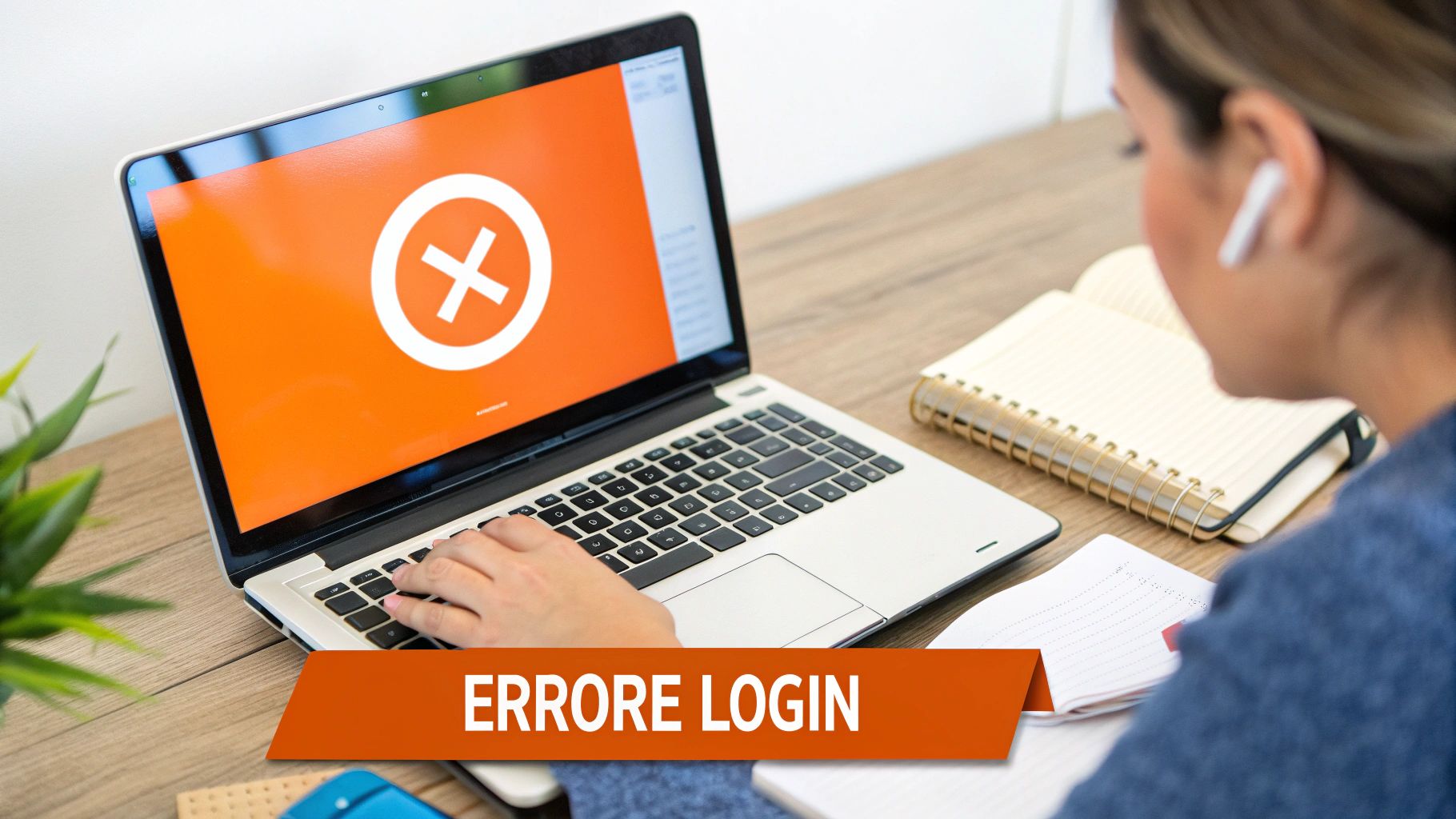 Una donna digita su un laptop che mostra un errore di login su schermo arancione, con quaderni sul tavolo.