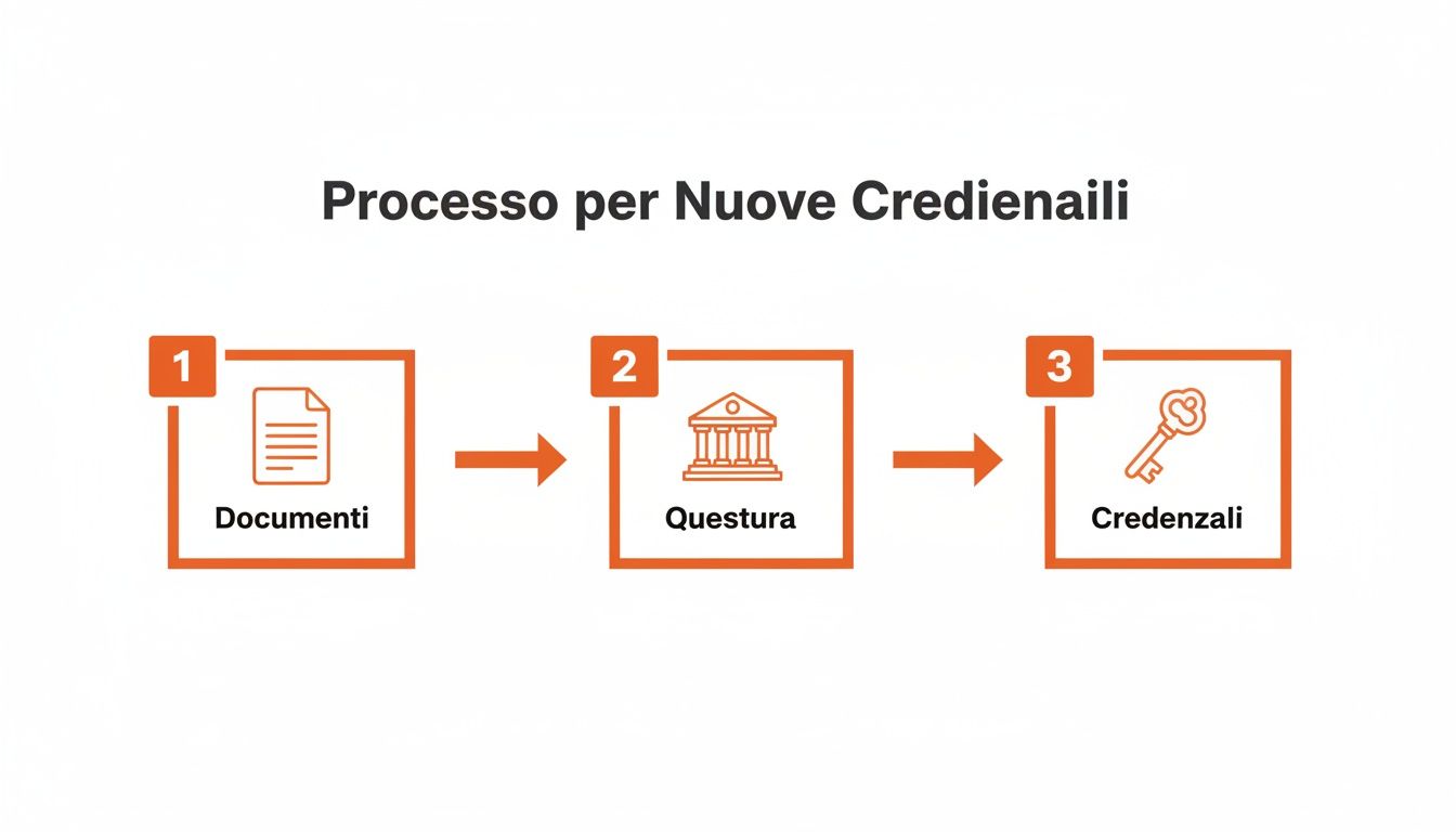 Diagramma di flusso che illustra il processo in tre passaggi per ottenere nuove credenziali: documenti, Questura e credenziali.