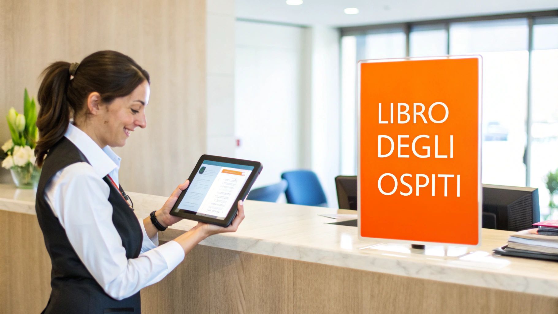 Donna sorridente alla reception di un hotel, usa un tablet e accanto a lei un cartello arancione "LIBRO DEGLI OSPITI".