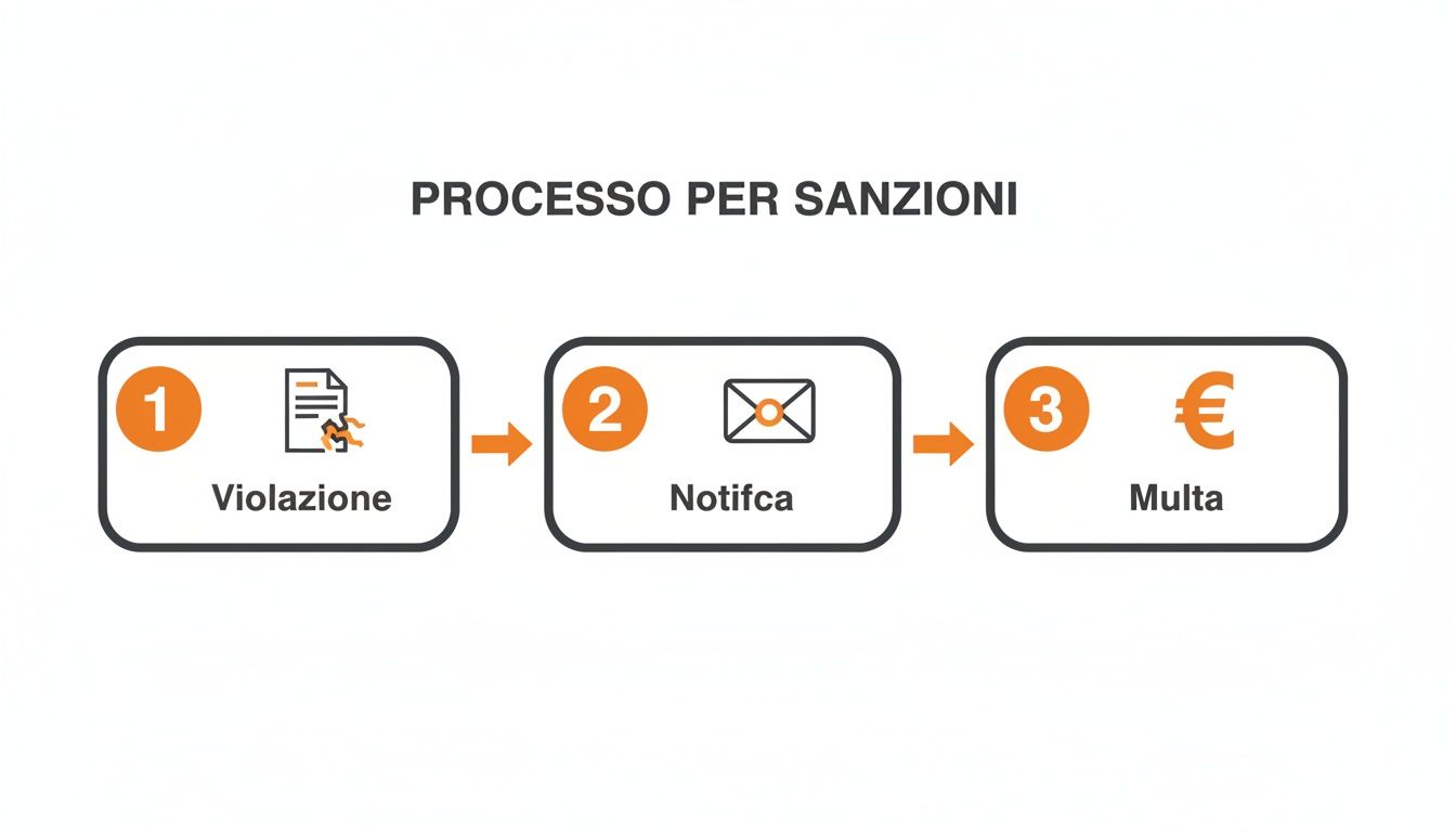 Processo sequenziale per sanzioni, illustrato con tre passaggi: violazione, notifica e multa.