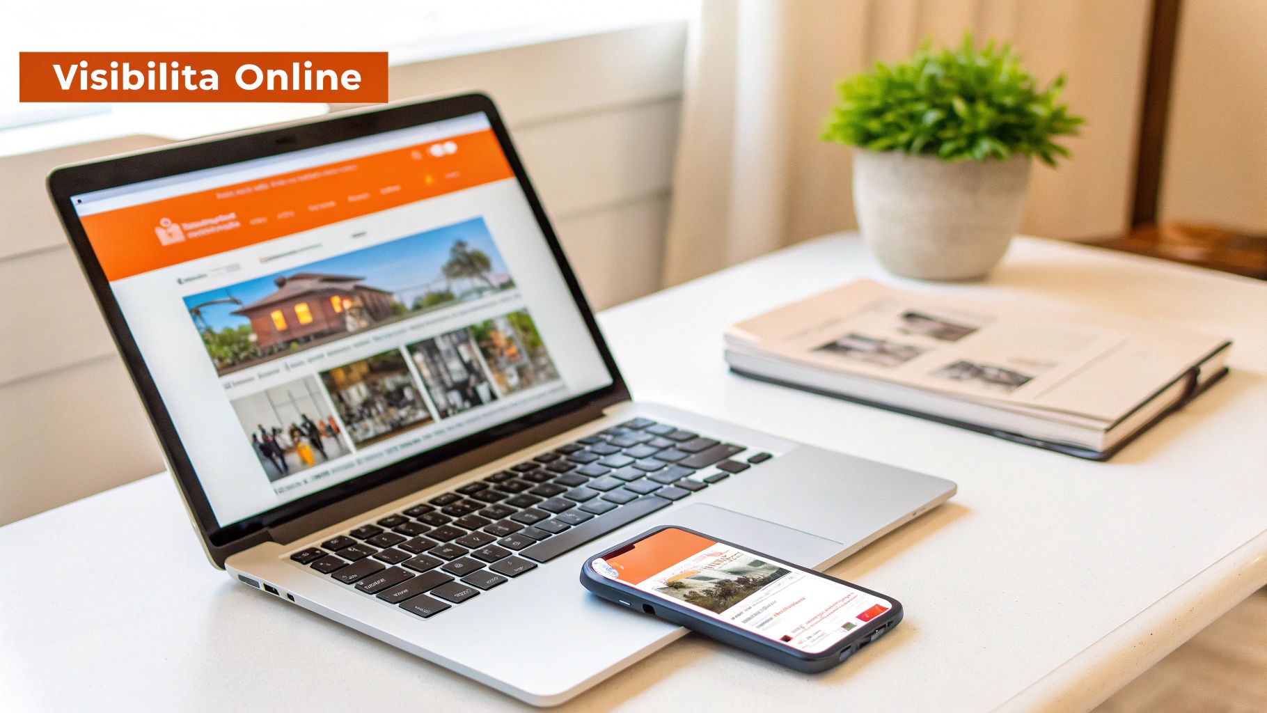 Laptop e smartphone su scrivania bianca mostrano un sito web con intestazione arancione e immagini. Presente testo "Visibilita Online".