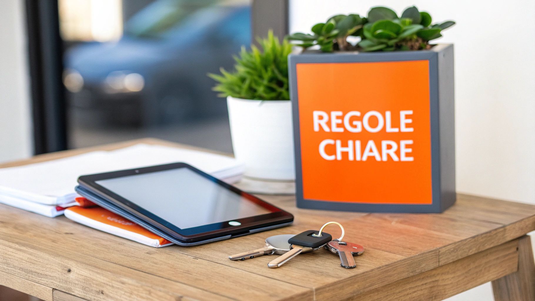 Tavolo in legno con tablet, documenti, chiavi, una pianta e un cartello arancione con scritto 'REGOLE CHIARE'.