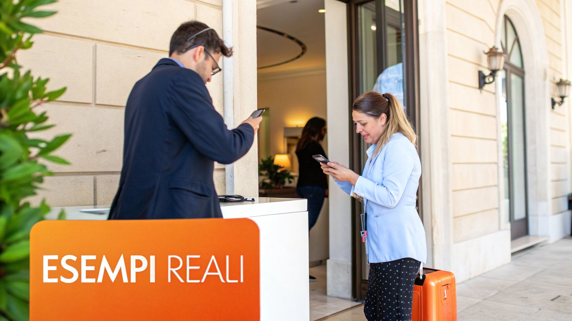 Due persone, un uomo e una donna, consultano i loro smartphone all'ingresso di un edificio, probabilmente un hotel.