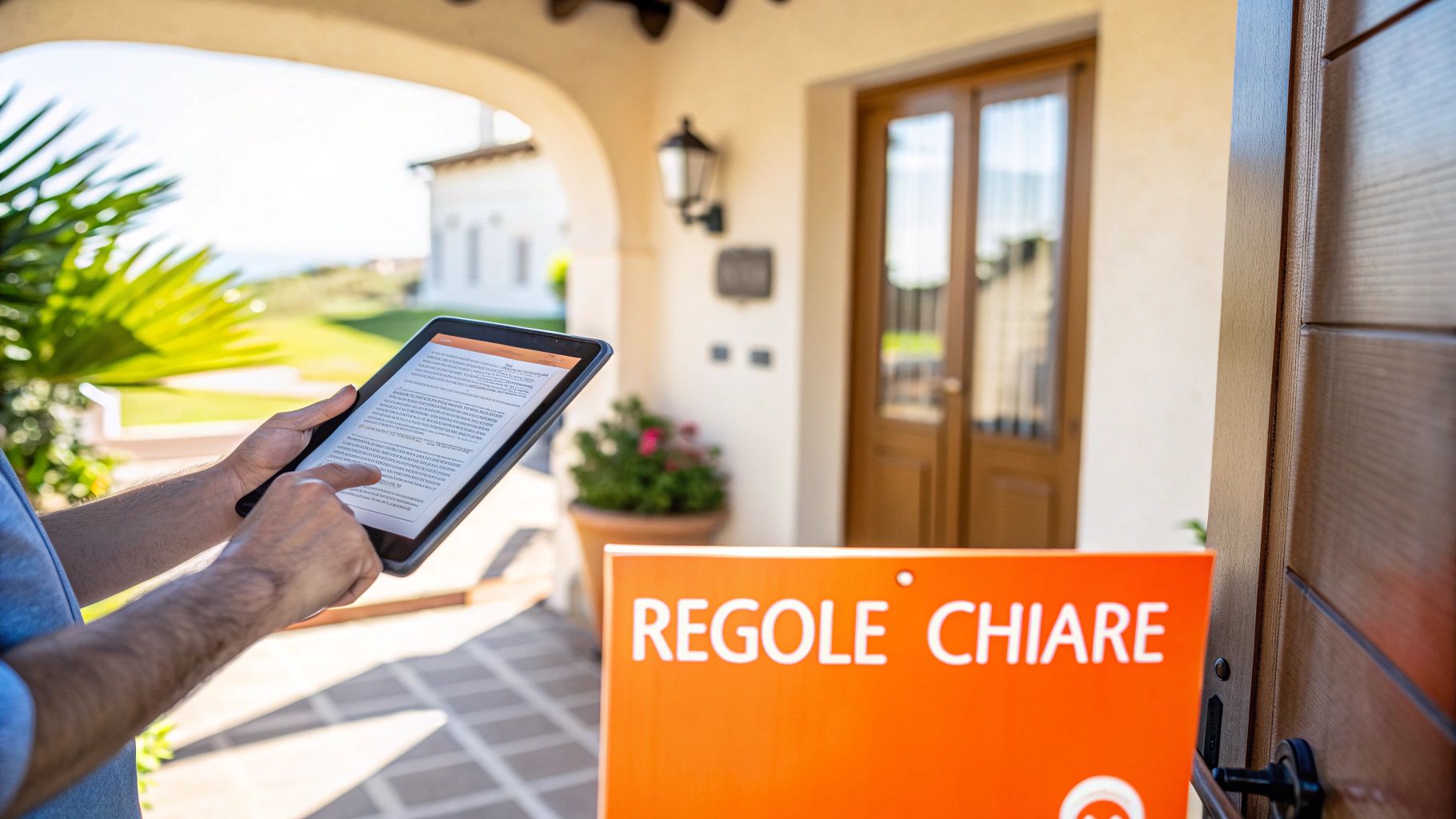Donna che lavora al computer con una tazza di caffè, simbolo della gestione di una casa vacanze
