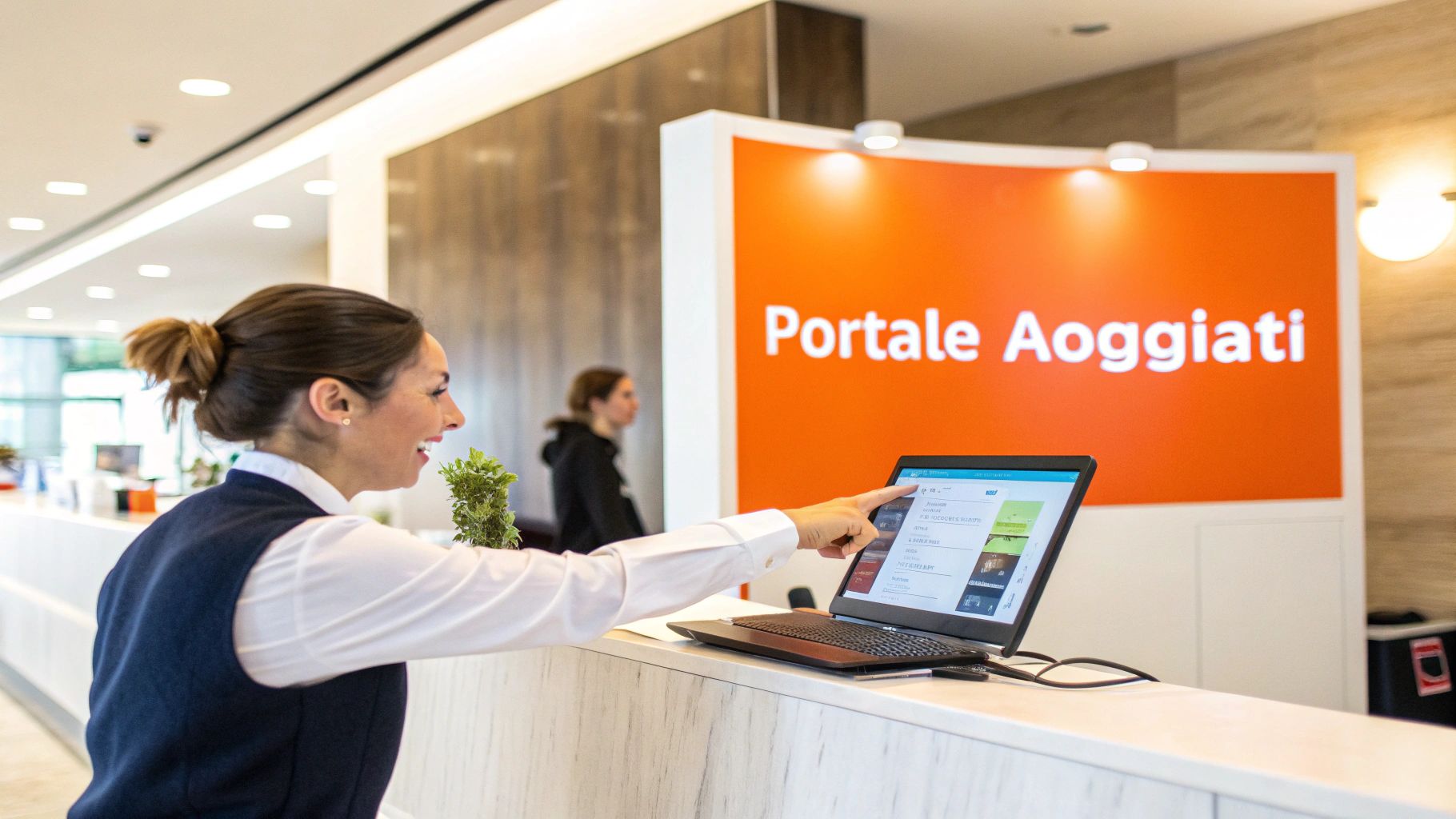 Una donna sorridente al banco della reception interagisce con un laptop touchscreen, con lo schermo che mostra il 'Portale Alloggiati' sullo sfondo.