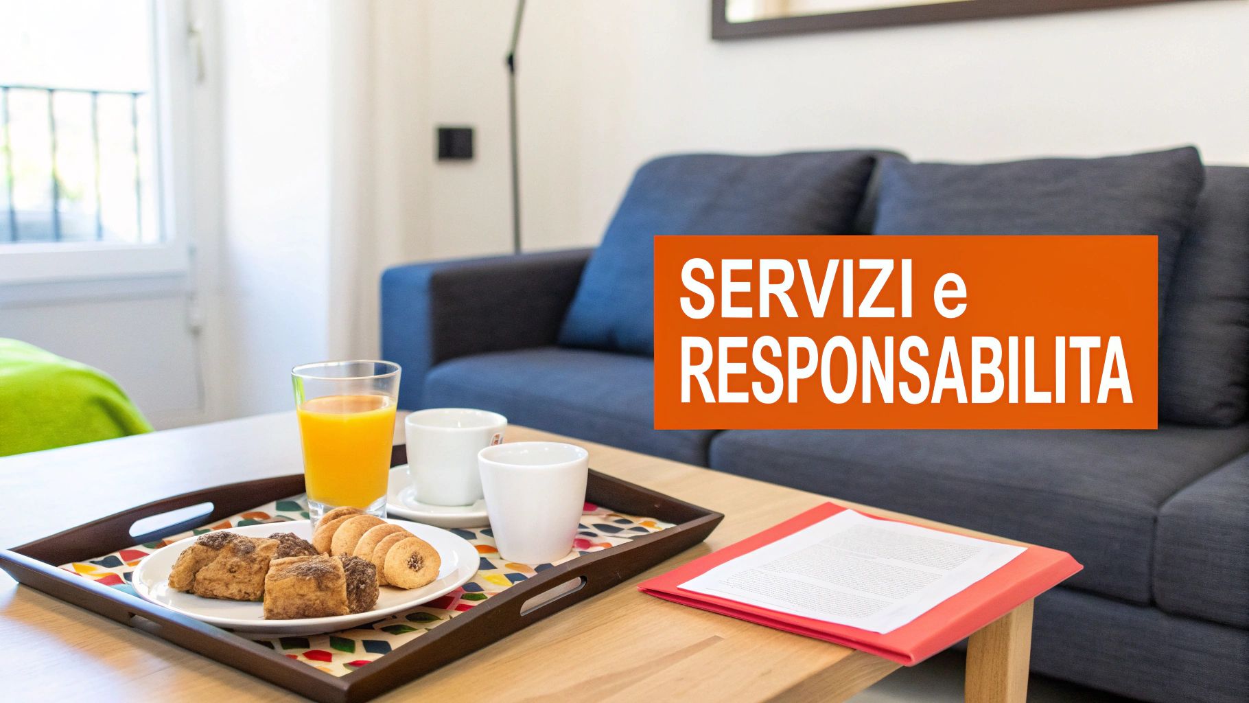 Colazione su un tavolino in un soggiorno moderno con divano blu, succo d'arancia e dolci.