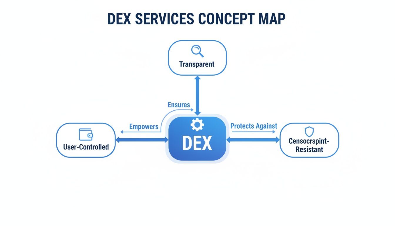 A concept map showing DEX services are transparent, user-controlled, and censorship-resistant, with connecting arrows.