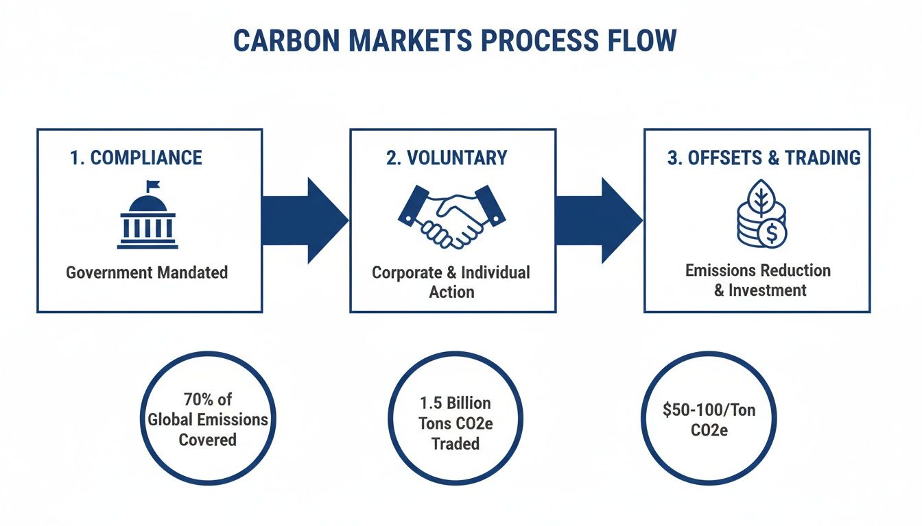A flow chart illustrating the carbon markets process, including compliance, voluntary action, and offsets, with key statistics.