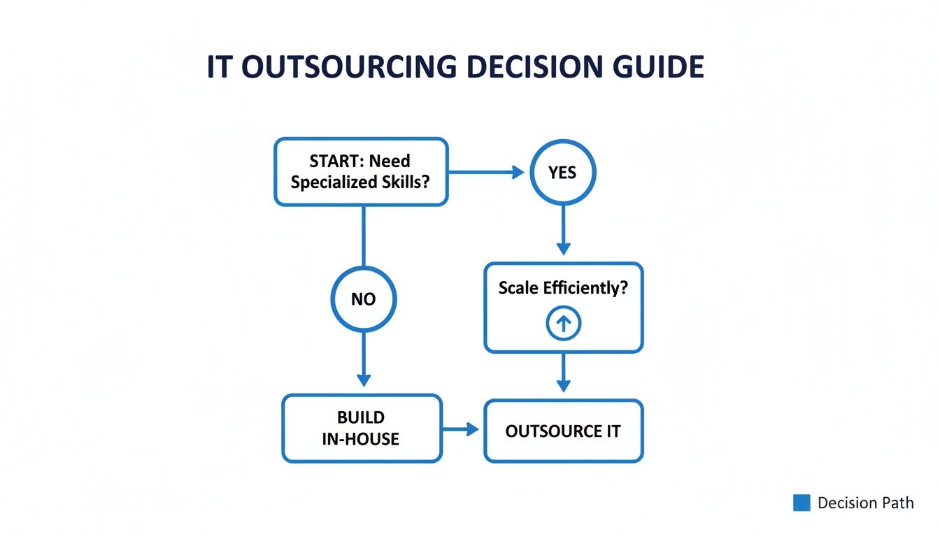 Flowchart illustrating IT outsourcing decisions, considering need for specialized skills and scaling efficiency, leading to in-house or outsourced solutions.