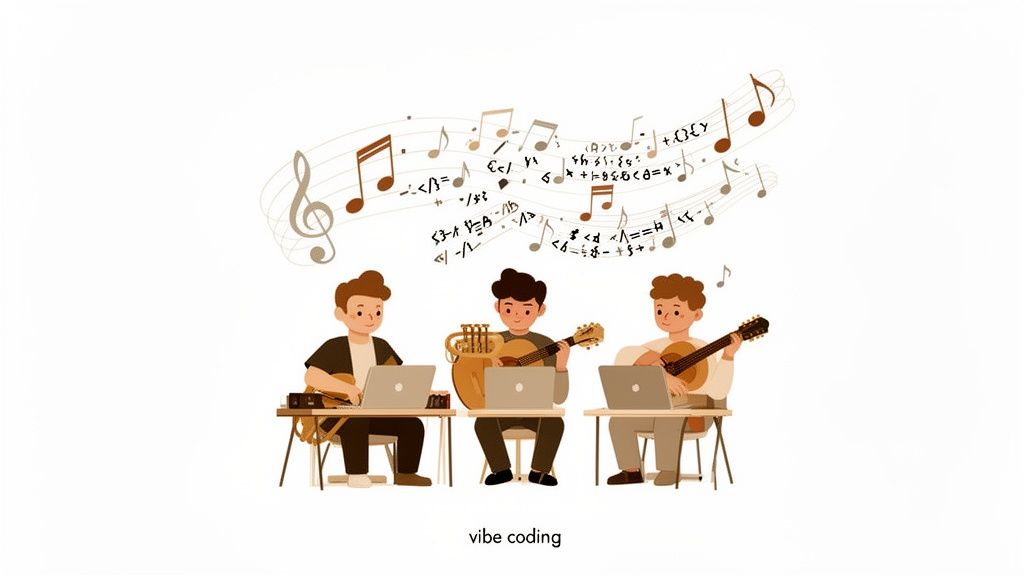 Three young men play string instruments and code on laptops, surrounded by musical notes and symbols.