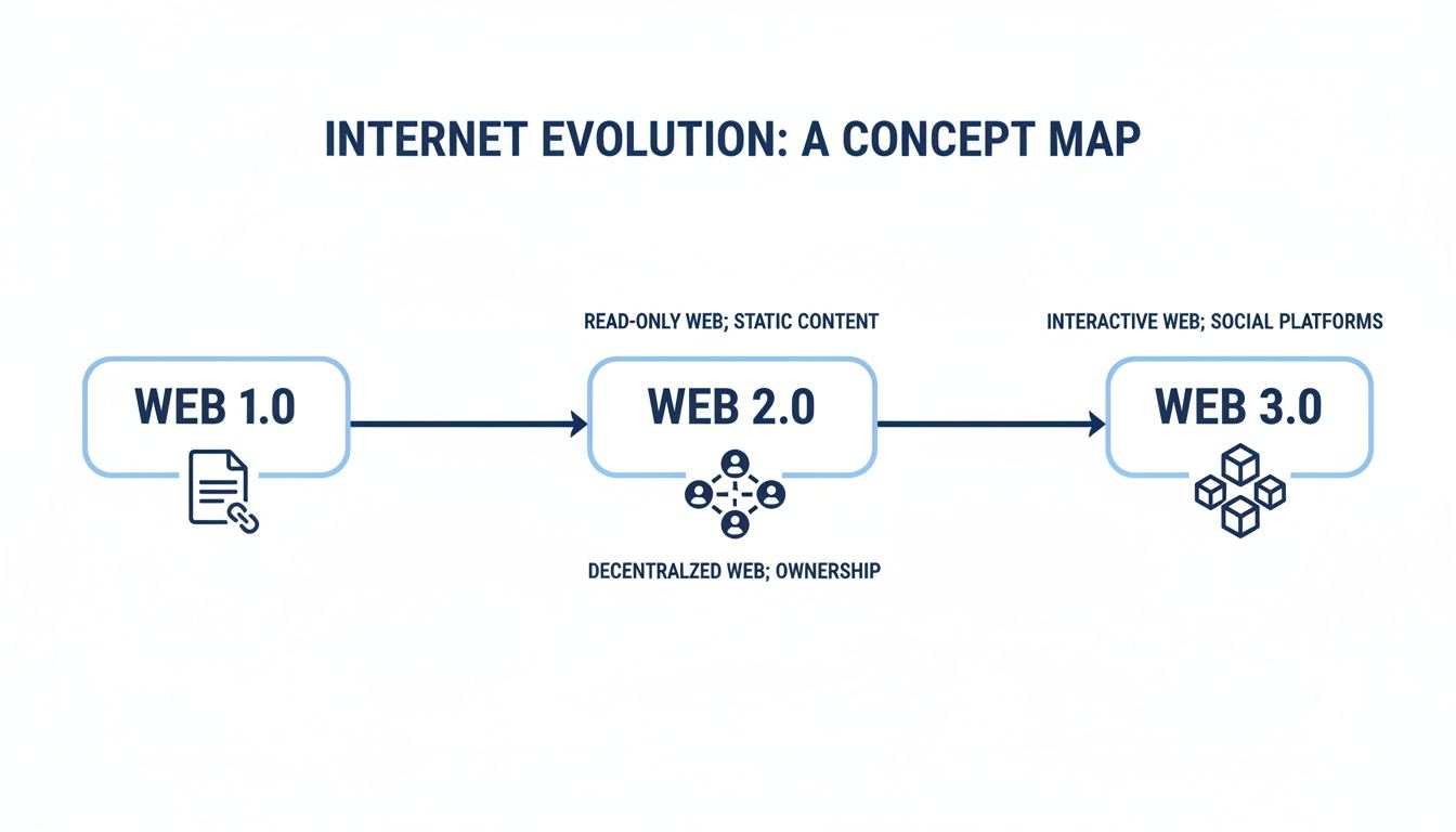 A concept map showing the evolution of the internet from Web 1.0, Web 2.0, to Web 3.0.