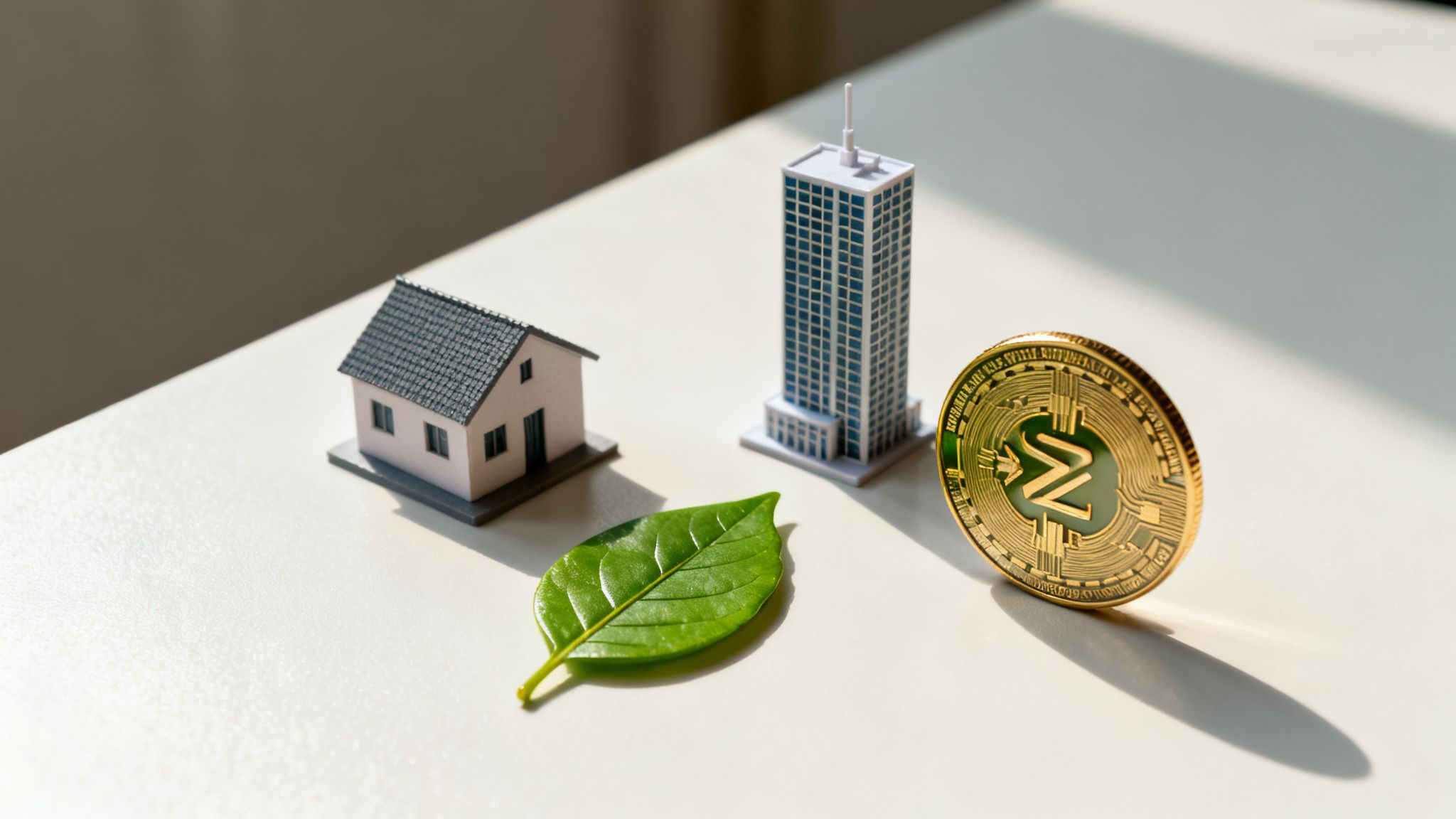 A miniature house, skyscraper, green leaf, and a golden cryptocurrency coin symbolizing a digital finance and real estate.