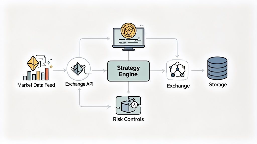 Diagram illustrating a crypto trading bot architecture, showing data flow from market feed to exchange and storage.