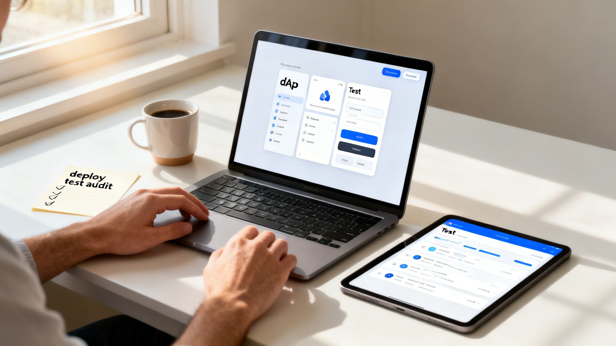 A person works on a laptop and tablet, developing a dApp, with a 'deploy test audit' checklist.