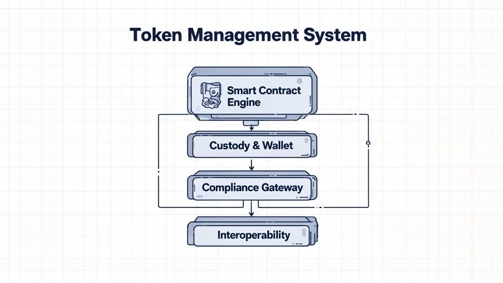 Flowchart illustrating the architecture of a Token Management System with smart contract engine and custody.