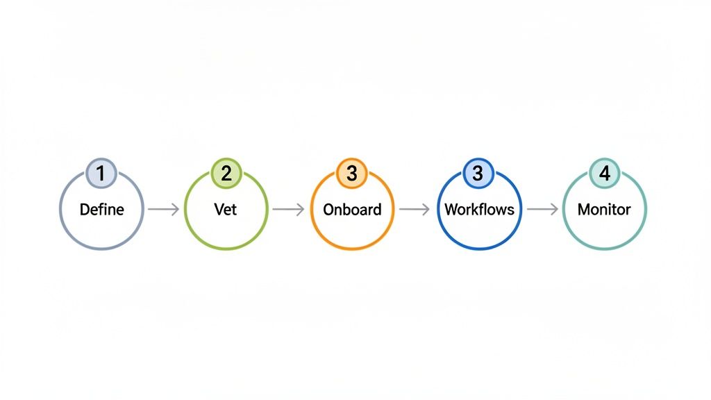 A five-step process flow diagram illustrating Define, Vet, Onboard, Workflows, and Monitor stages.