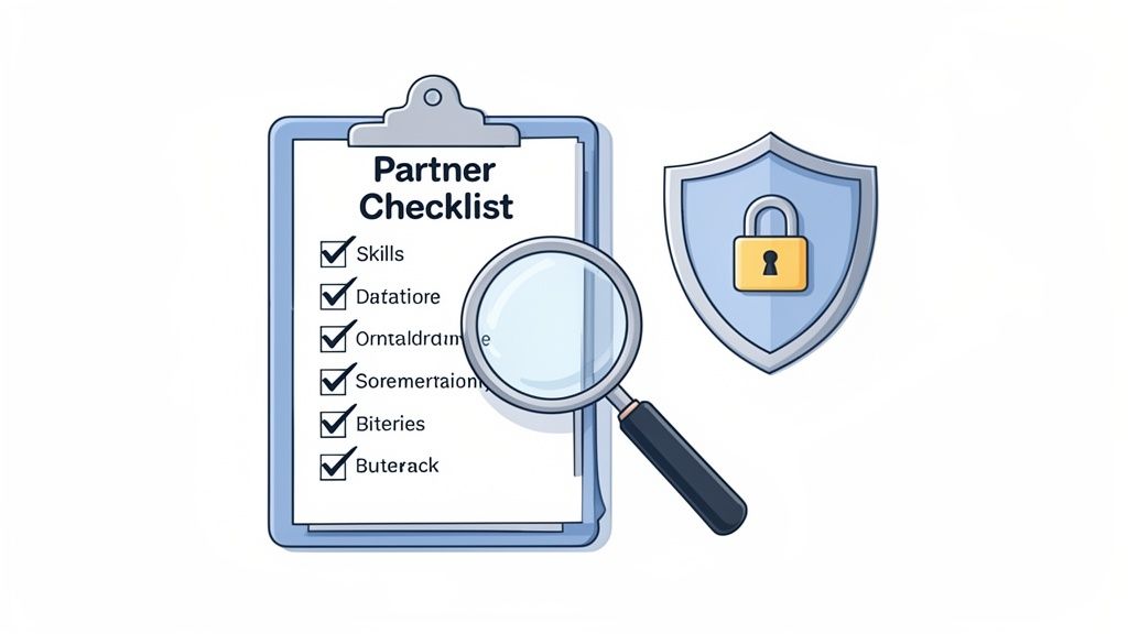 A clipboard with a 'Partner Checklist' being examined by a magnifying glass, next to a shield with a padlock, symbolizing partner vetting and security.