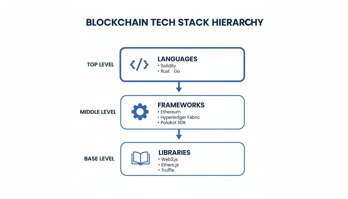 Diagram illustrating the Blockchain Tech Stack Hierarchy, categorizing tools into Languages, Frameworks, and Libraries.