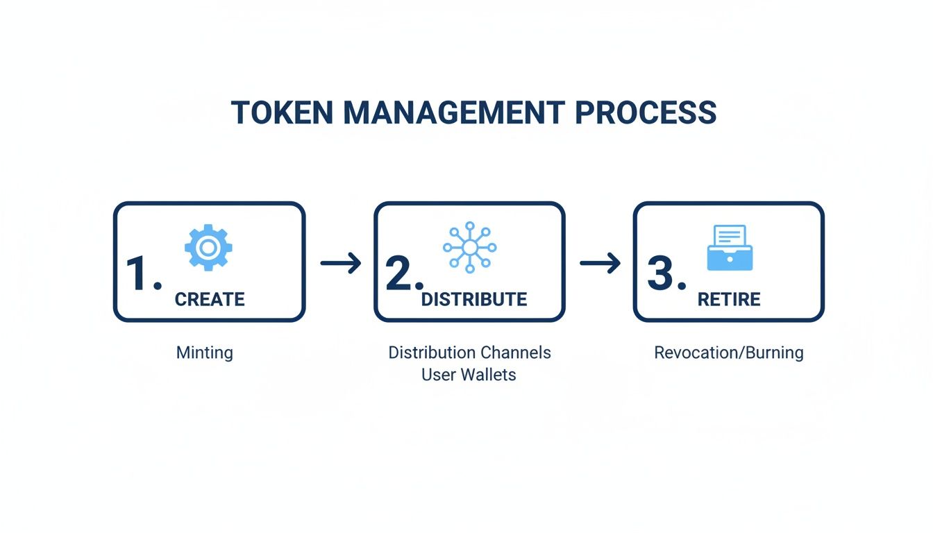 Diagram illustrating the three-step token management process: create, distribute, and retire tokens.
