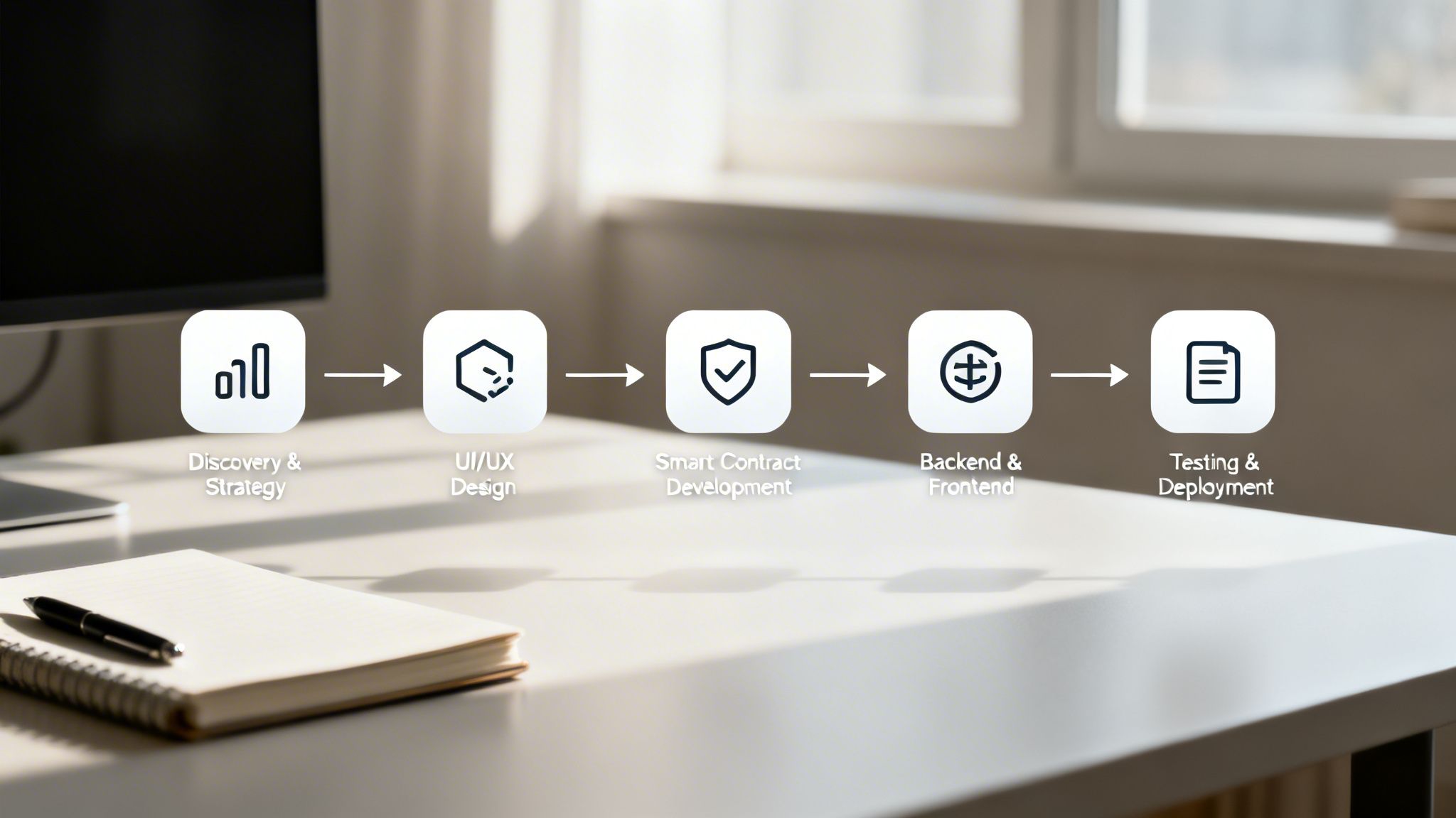 A five-step development process showing discovery, UI/UX design, smart contract, backend/frontend, and testing/deployment.