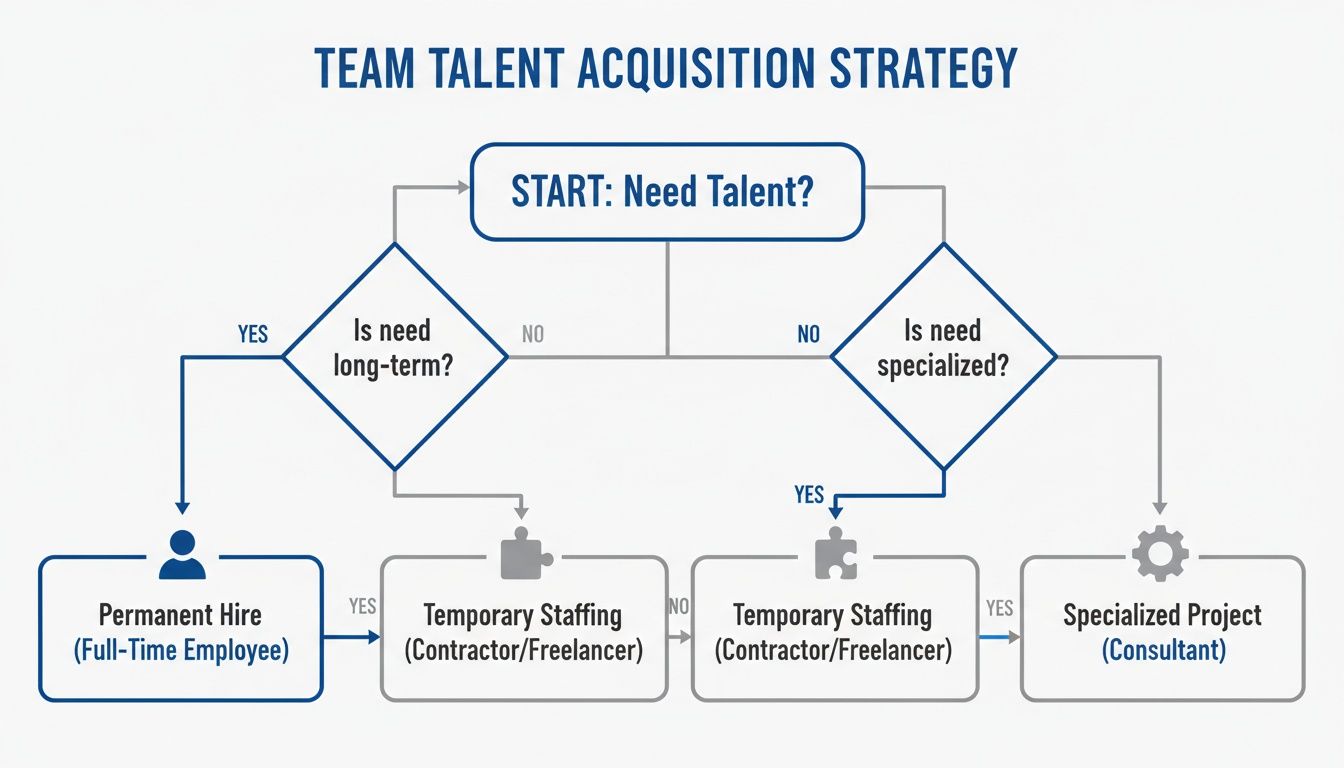 Flowchart illustrating a team talent acquisition strategy for permanent, temporary, or specialized project needs.
