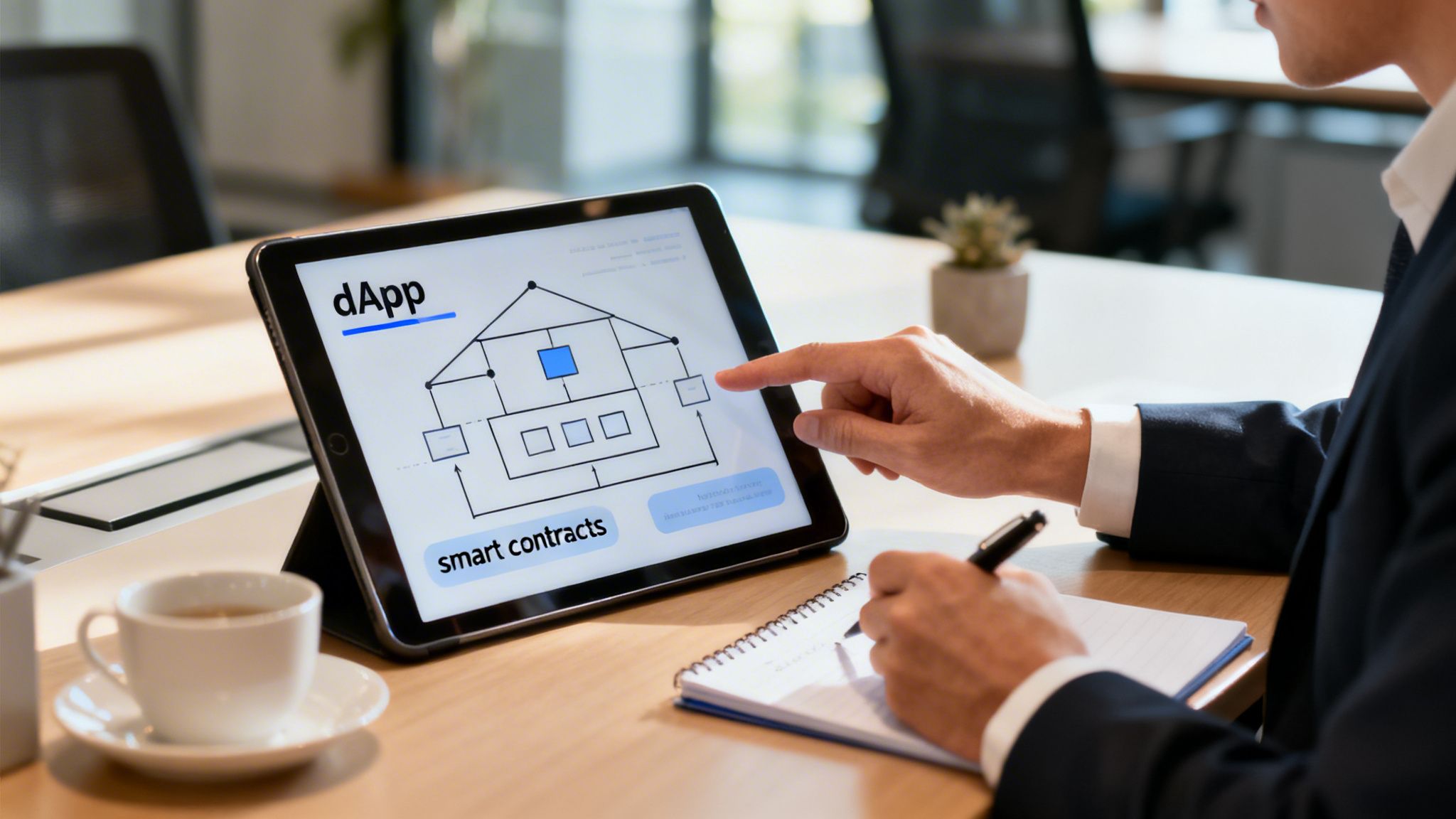 Professional examining a tablet showing decentralized application architecture and smart contracts, taking notes.