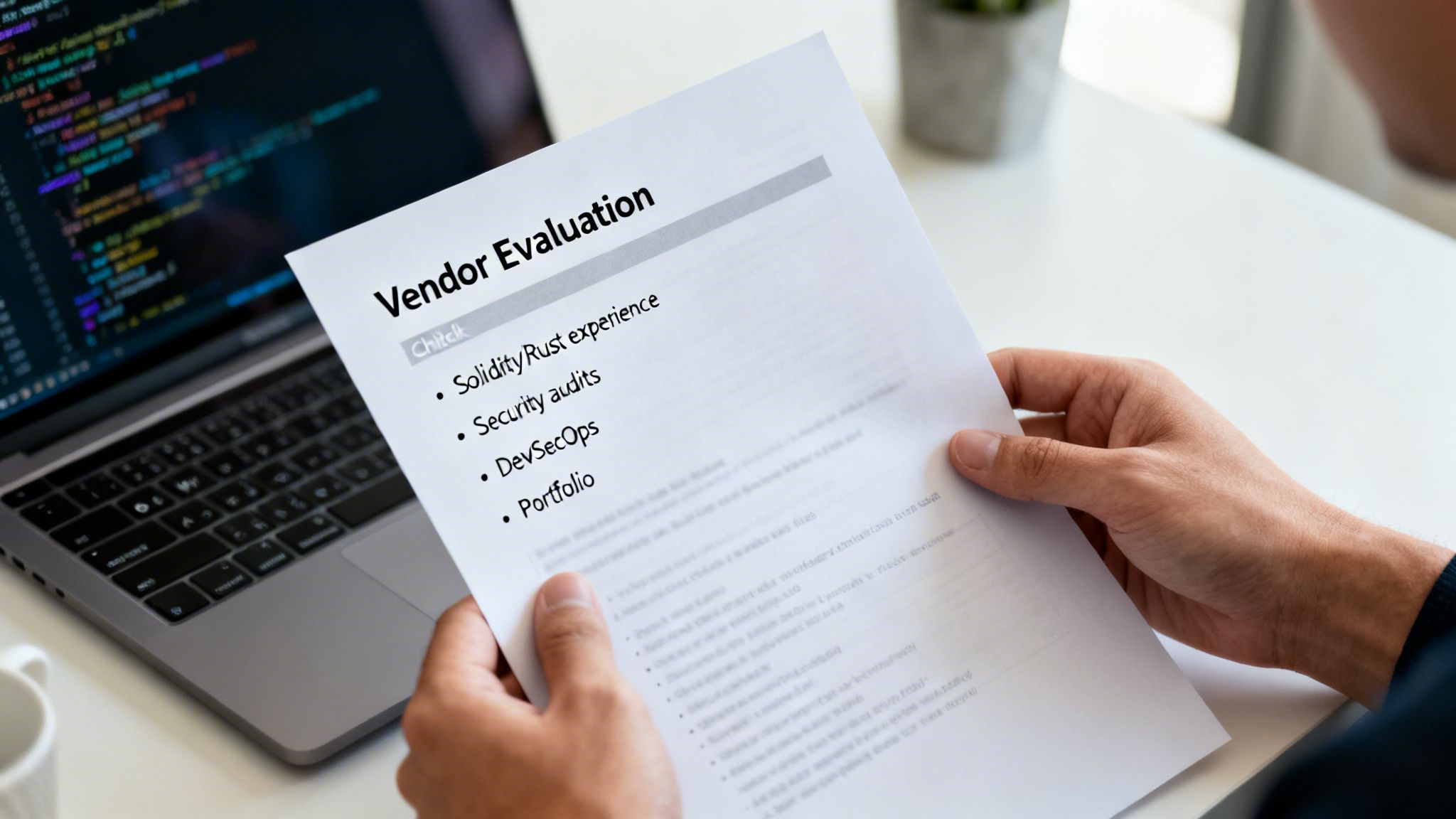 A person holds a 'Vendor Evaluation' document detailing tech skills like Solidity, Rust, security audits, and DevSecOps.