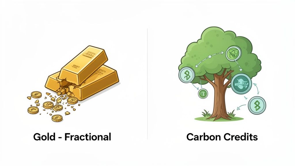 An illustration showing two gold bars, one broken with coins, and a tree representing carbon credits with tokens.