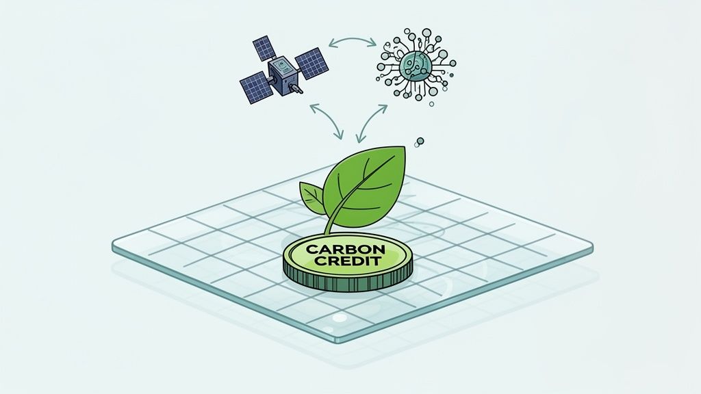 A satellite and data network interact with a leaf and a carbon credit coin on a grid.