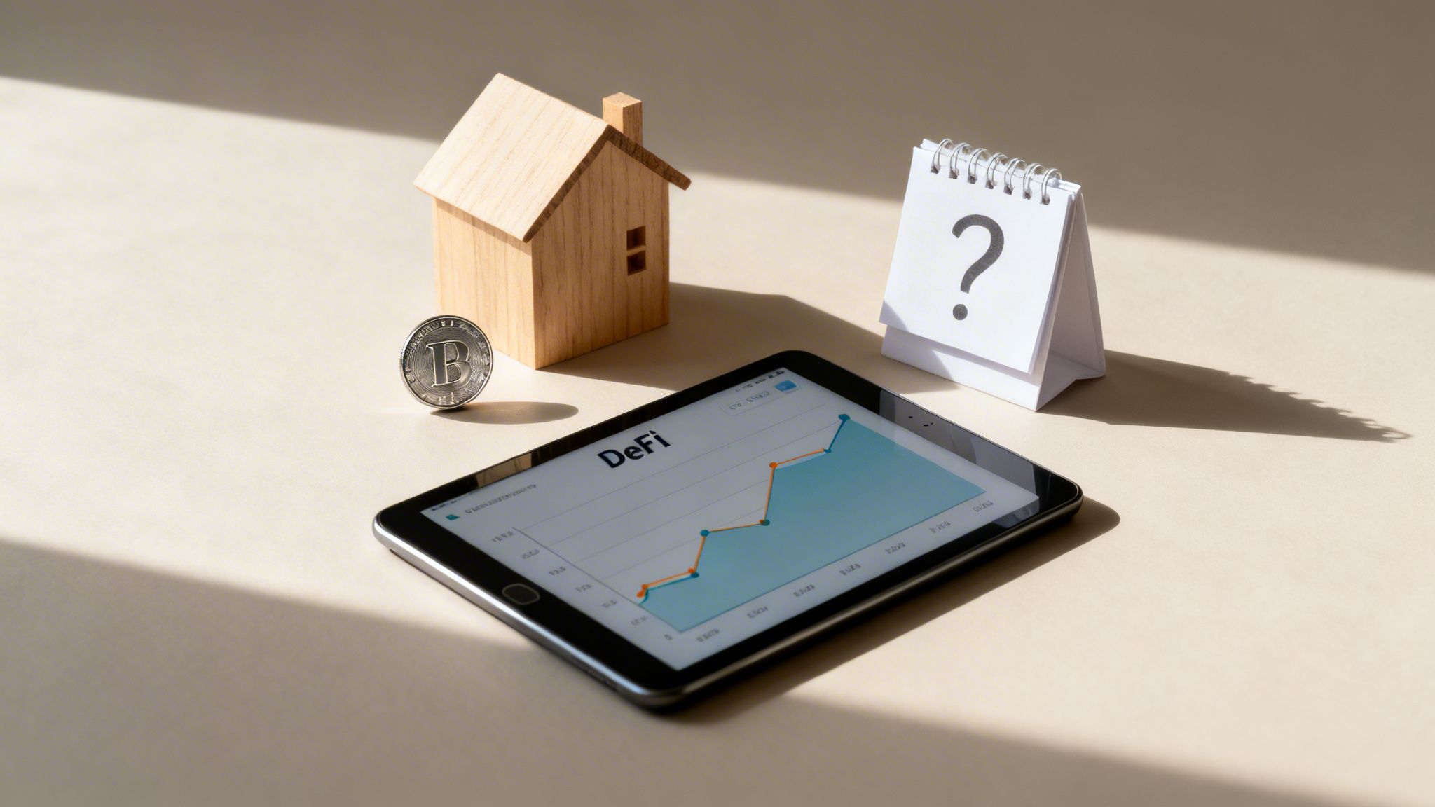 A wooden house, Bitcoin coin, tablet with DeFi graph, and question mark calendar on a table.