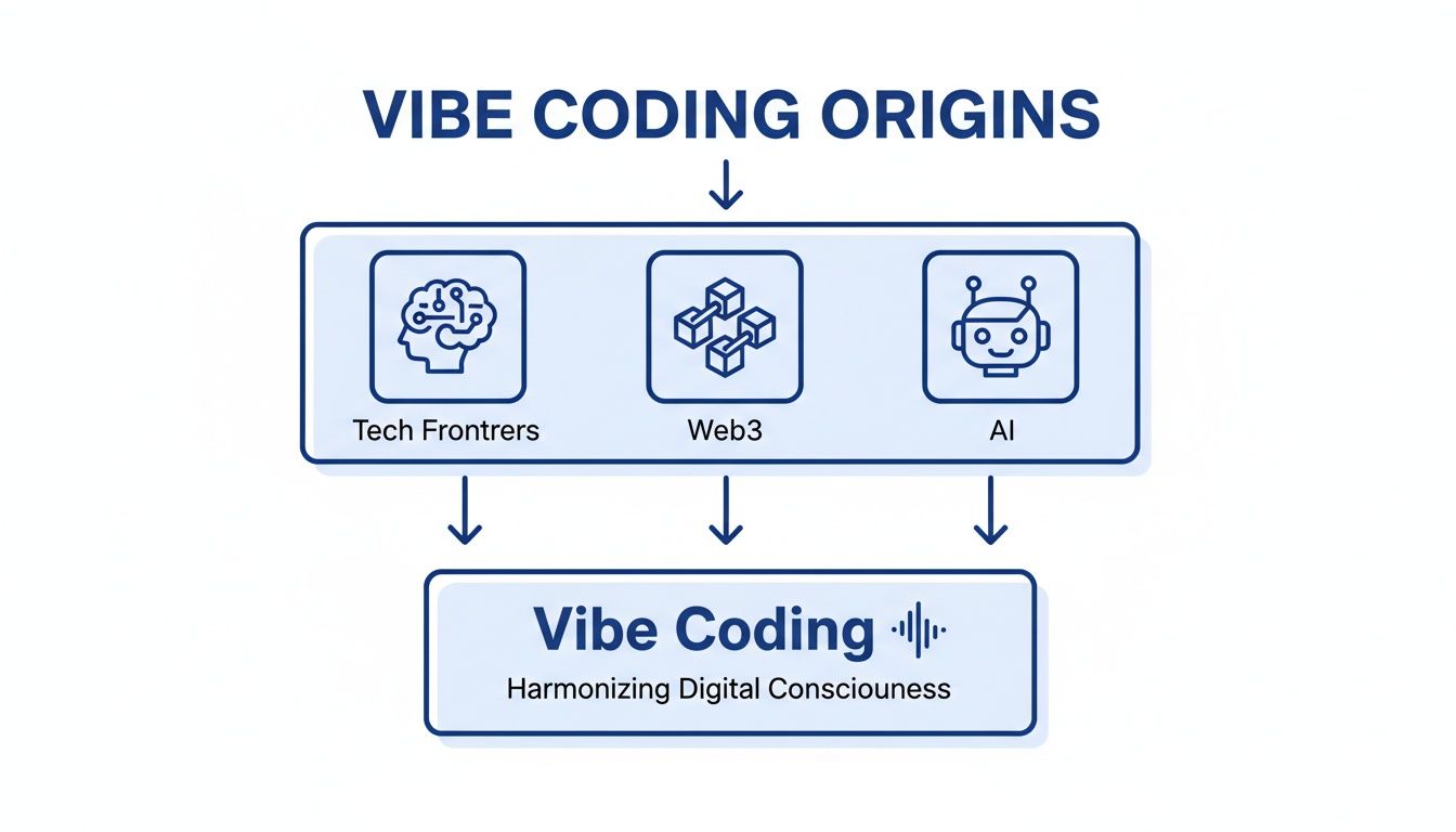 Flowchart showing Vibe Coding origins from Tech Frontiers, Web3, and AI, leading to harmonizing digital consciousness.