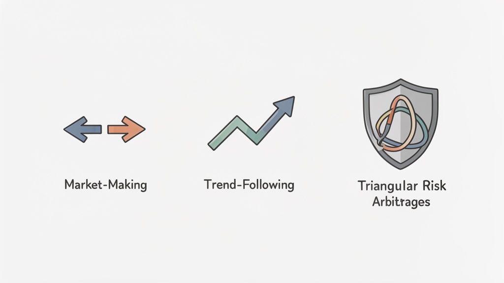 An illustration showcasing three crypto trading strategies: Market-Making, Trend-Following, and Triangular Risk Arbitrages.