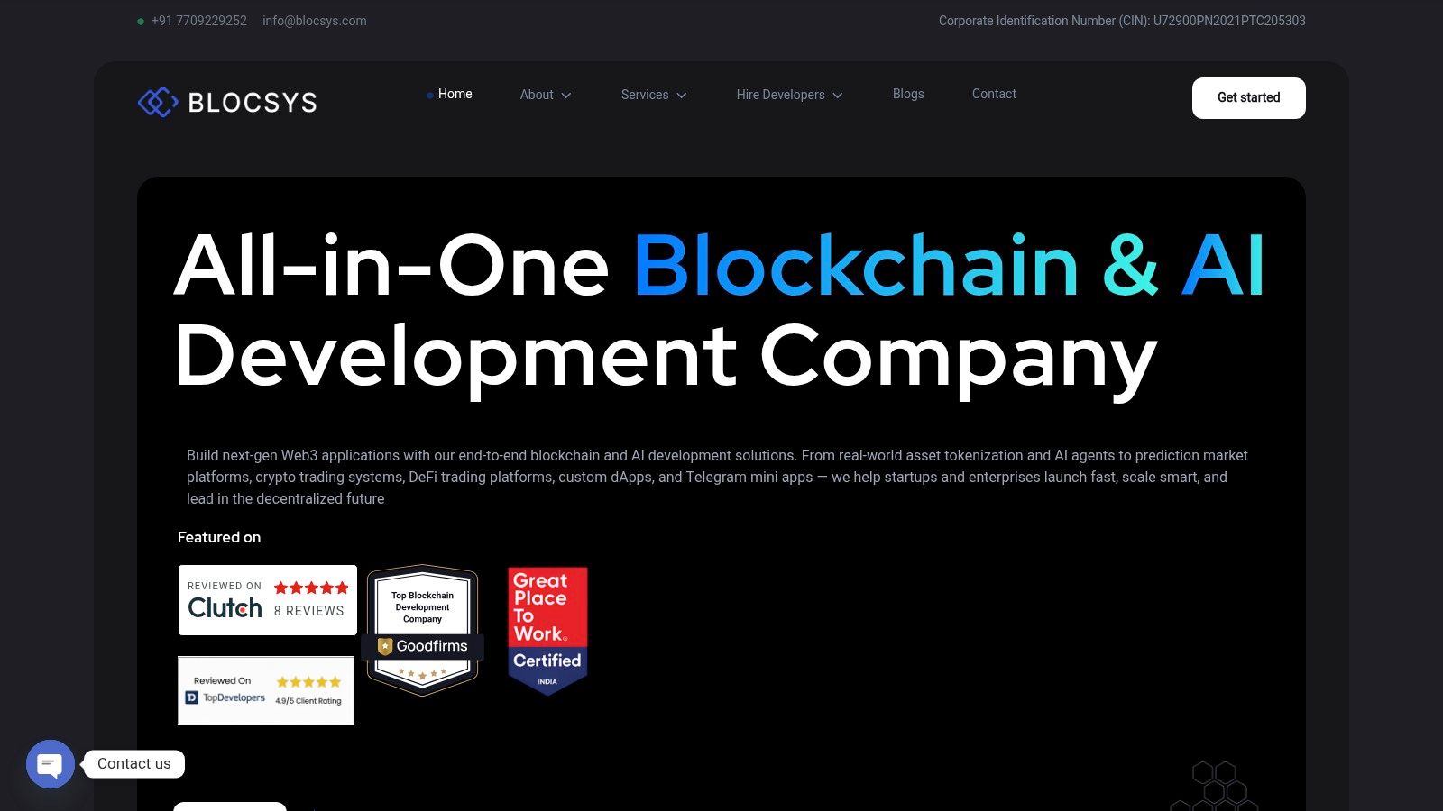 A screenshot of the Blocsys Technologies website homepage, showing their focus on blockchain and AI development for outsourcing IT companies.