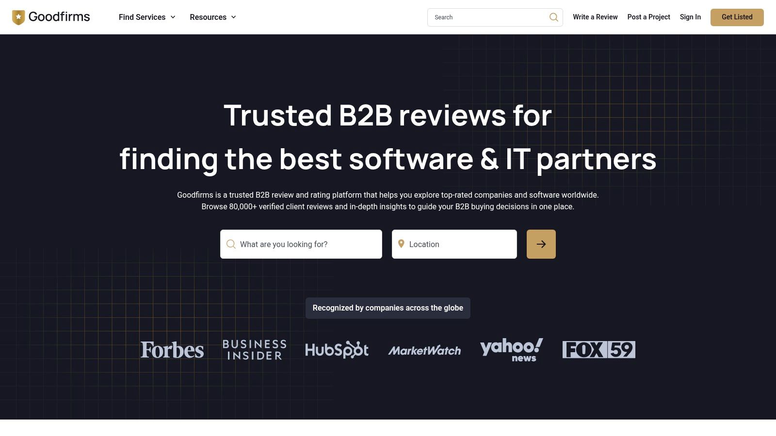 A screenshot of the GoodFirms.co homepage, showcasing its search and category features for finding IT solutions.