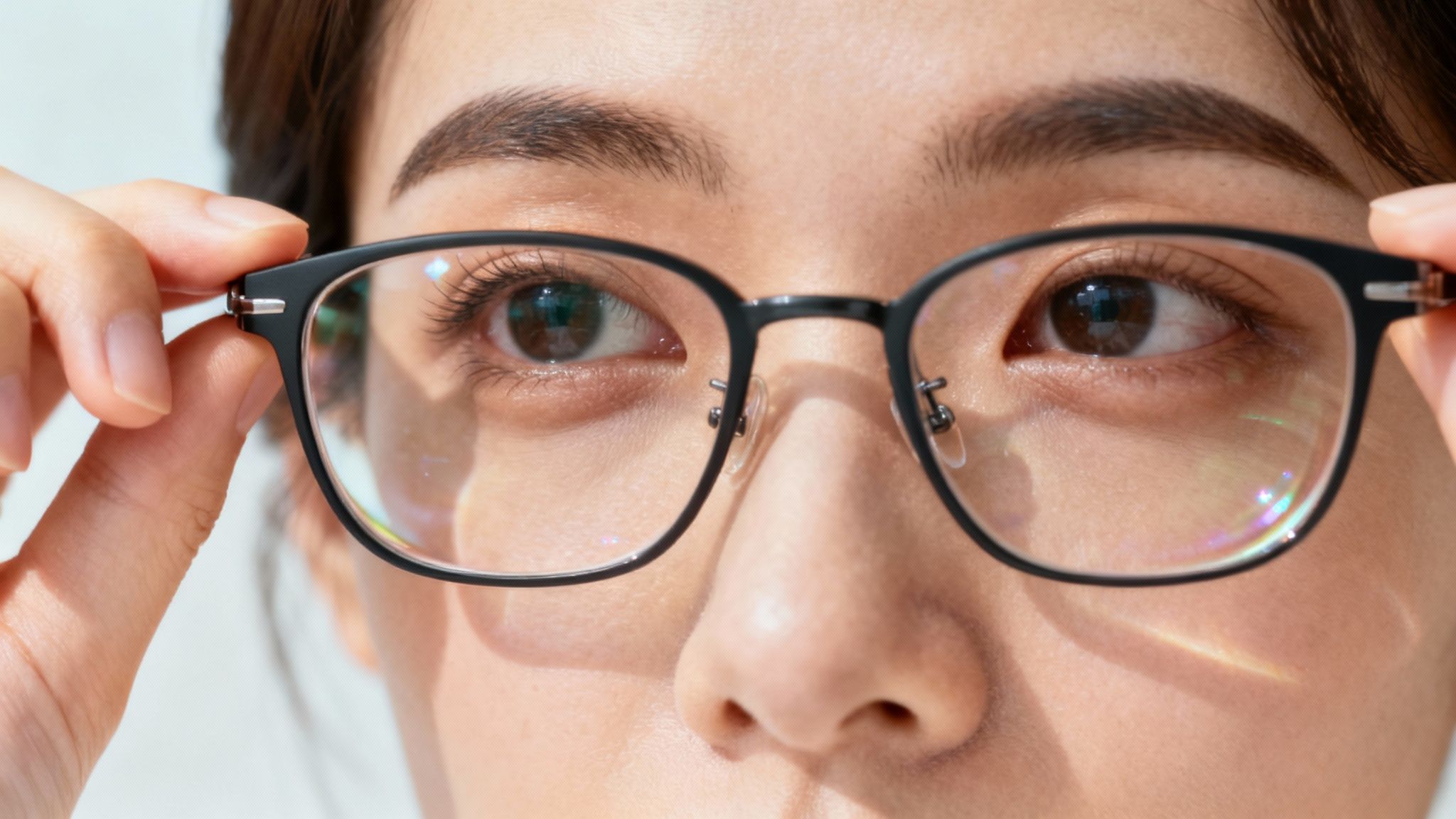 A stylish woman trying on a new pair of designer eyeglasses.