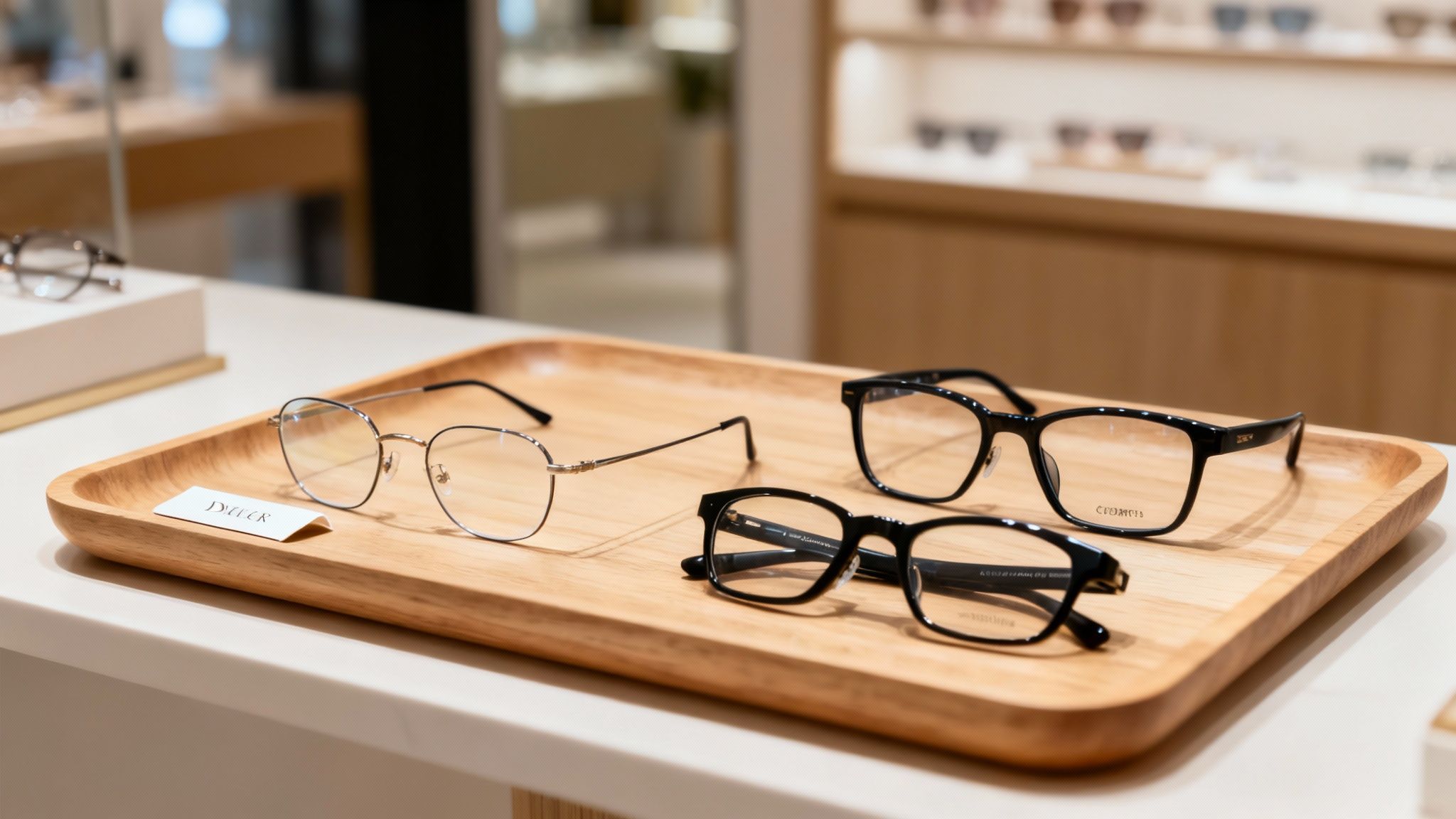 A person tries on a pair of stylish designer eyeglasses at the iDoctor boutique in Glendale Heights.