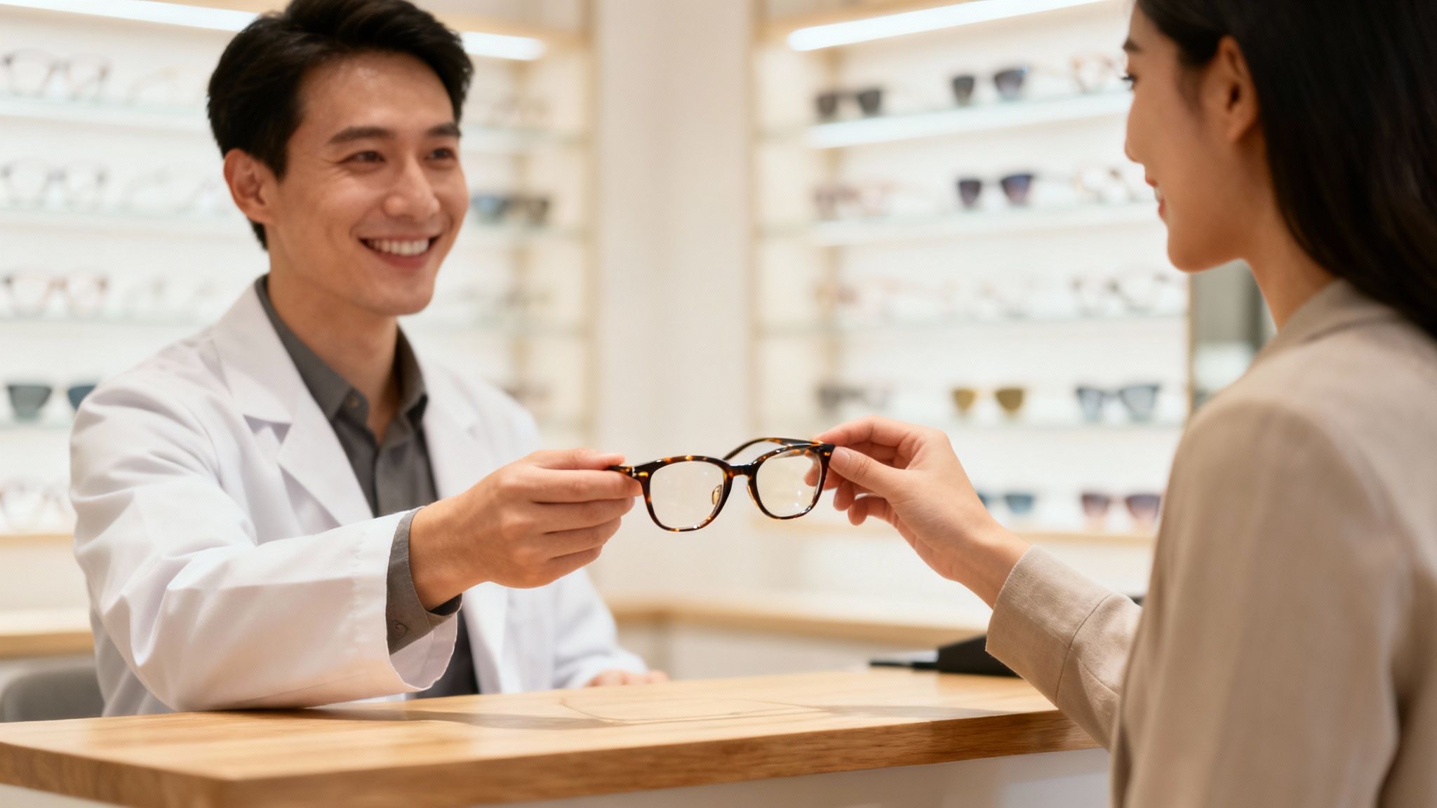 A stylish woman with short, dark hair smiling as she tries on a pair of modern, dark-rimmed eyeglasses in an optical boutique.