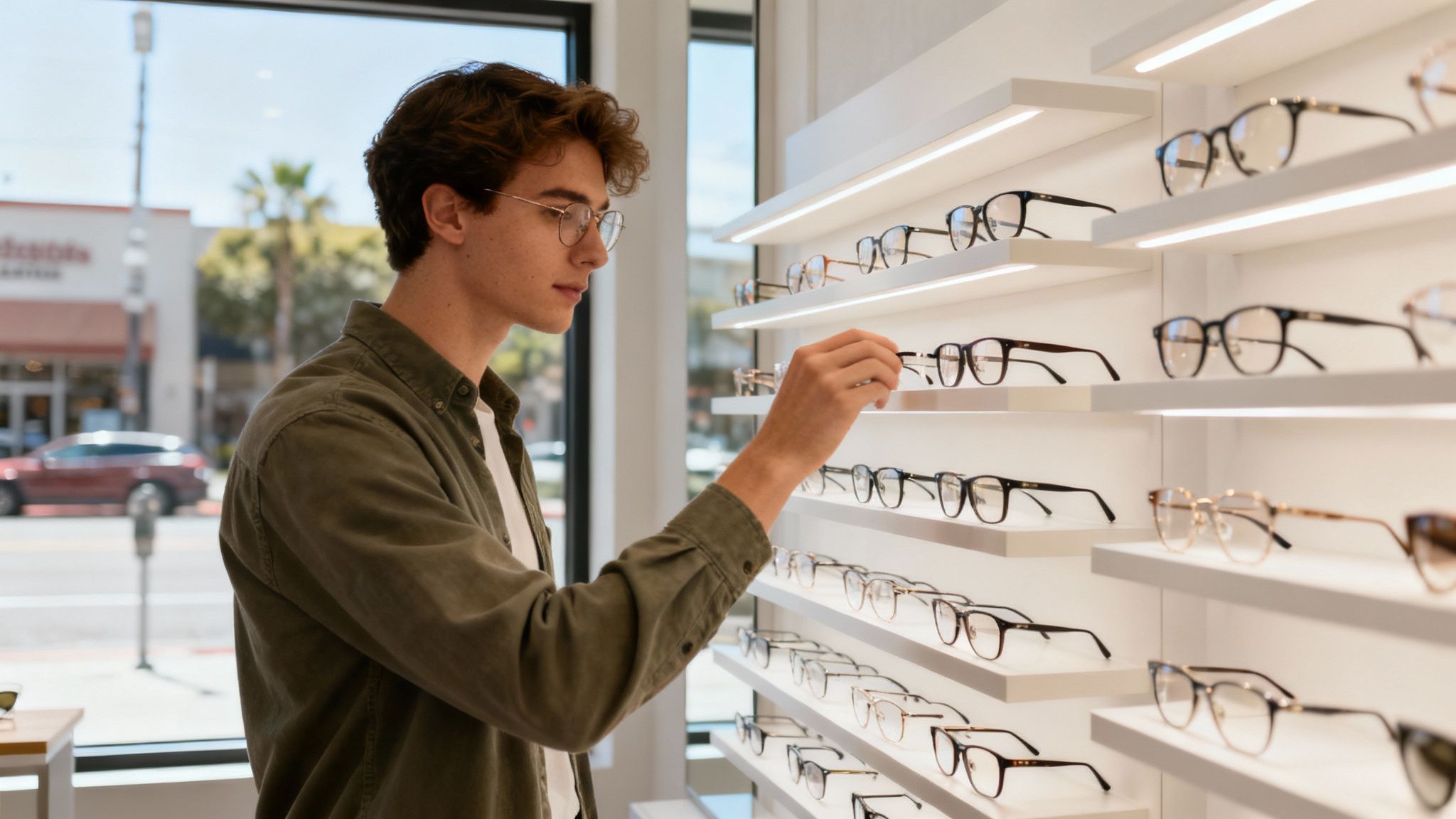 A stylish collection of various designer eyeglasses arranged neatly on a modern, clean surface.