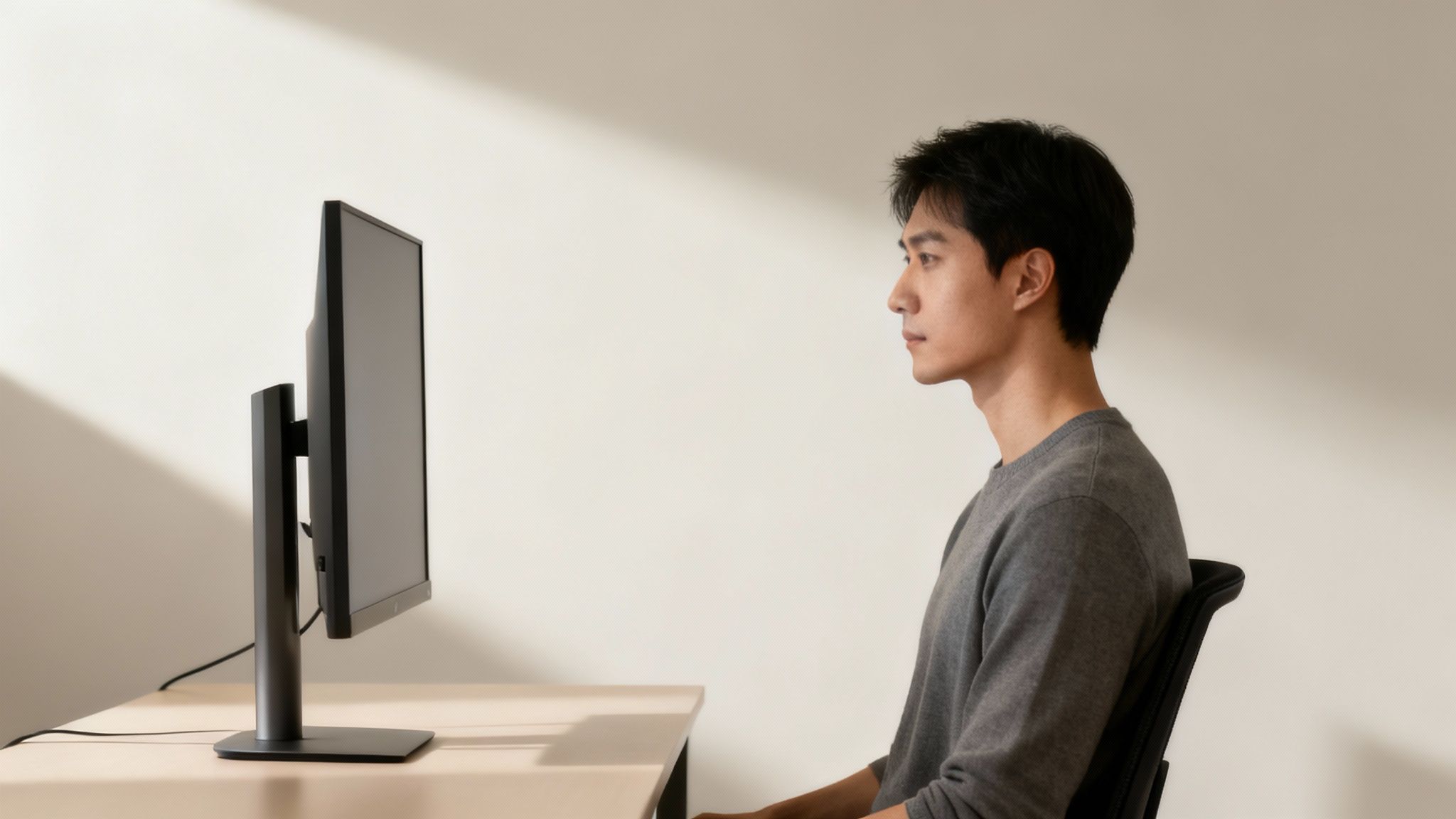 Side view of a young man looking intently at a computer screen on a minimalist desk.