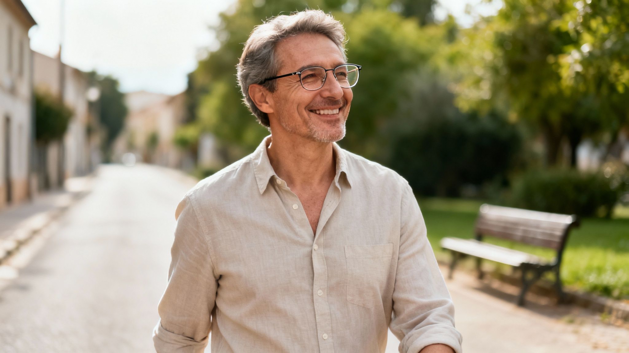 A smiling middle-aged man wearing glasses and a linen shirt walking outdoors in a sunny park.
