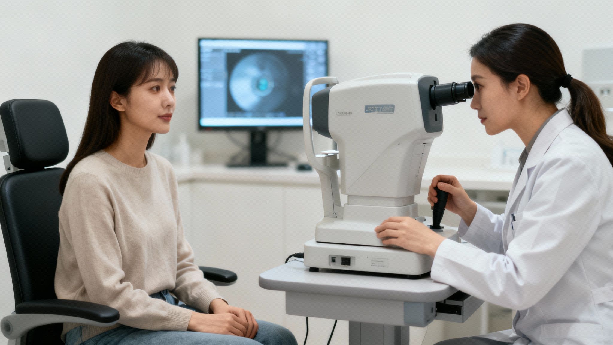 An optometrist using a phoropter to conduct a detailed eye exam on a patient.