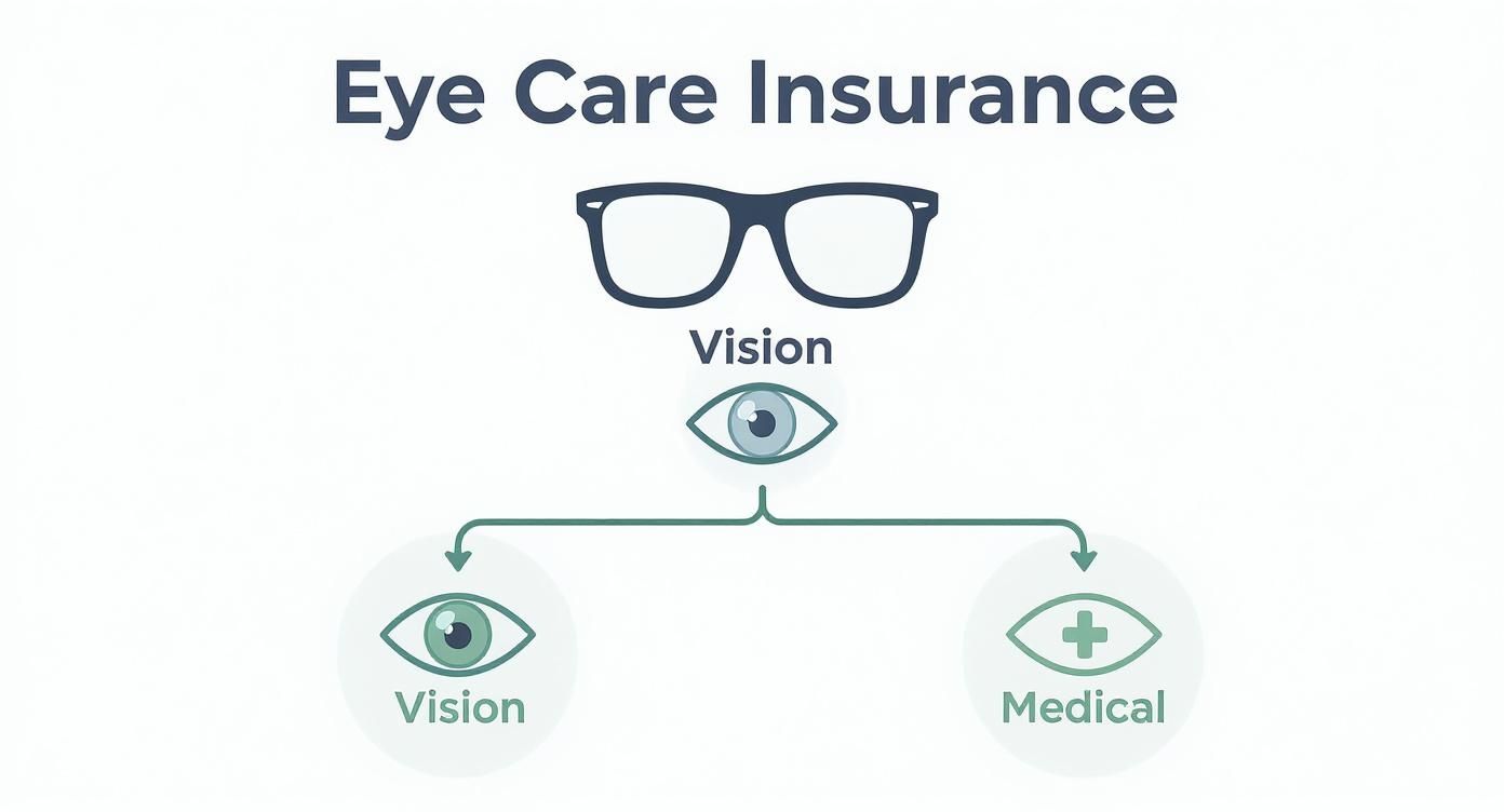 Infographic explaining eye care insurance, illustrating the split between routine vision and medical eye care.