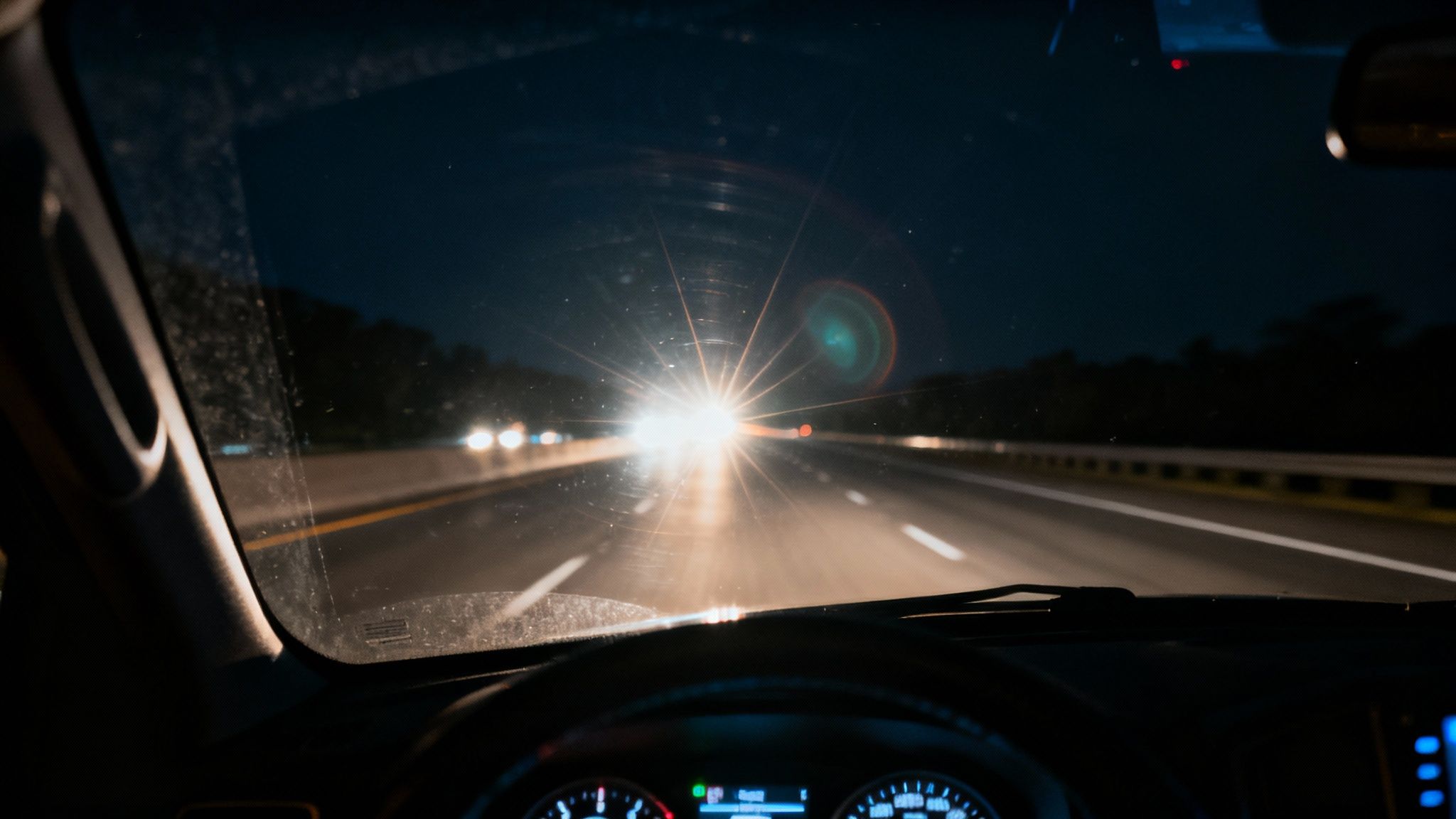 A person squinting to see a road sign at night, with streetlights showing halos and starbursts, illustrating the visual effects of changing astigmatism.