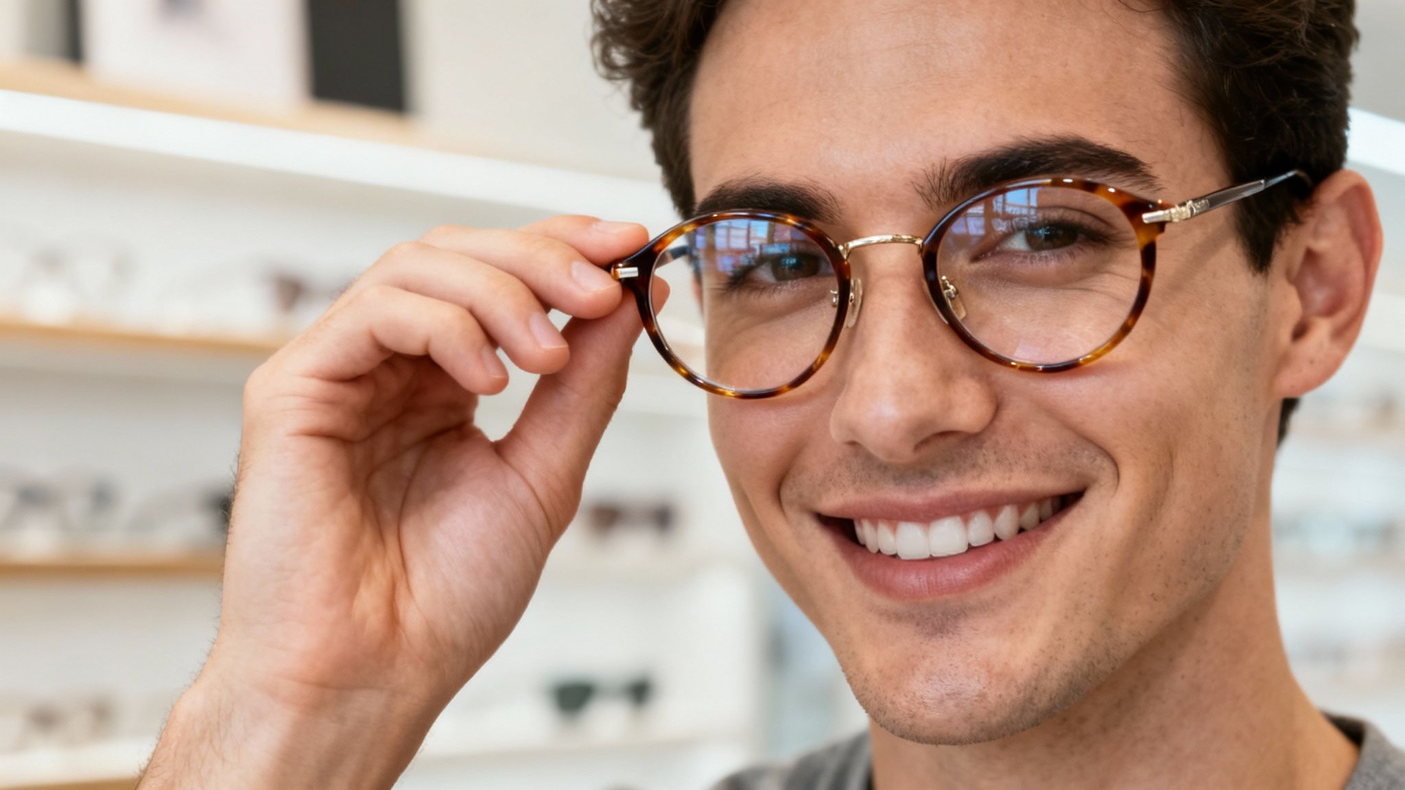 A person with a high prescription trying on new stylish eyeglasses at an optometry boutique.