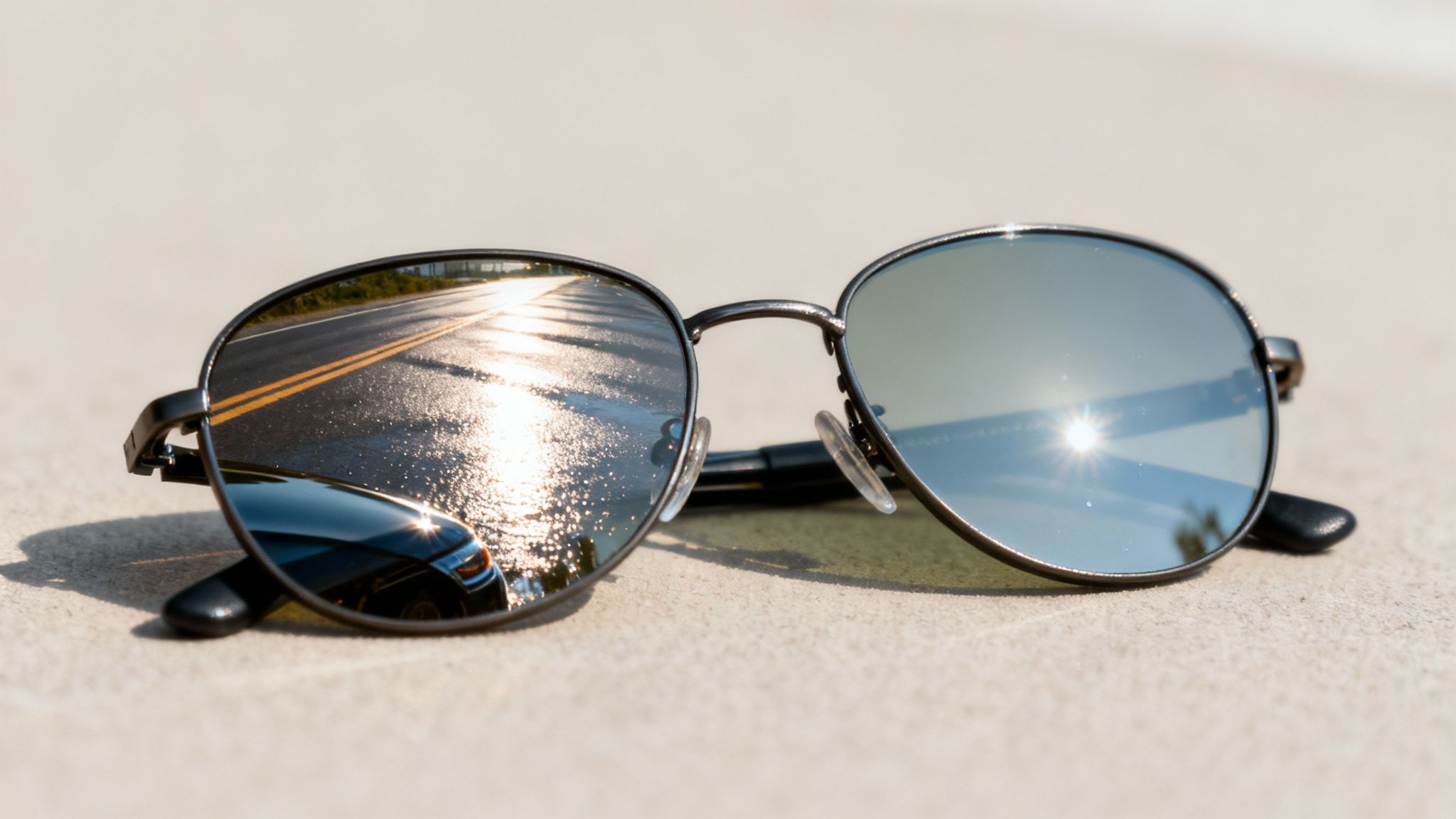 A person wearing stylish sunglasses, looking off to the side, with a sunny outdoor background.